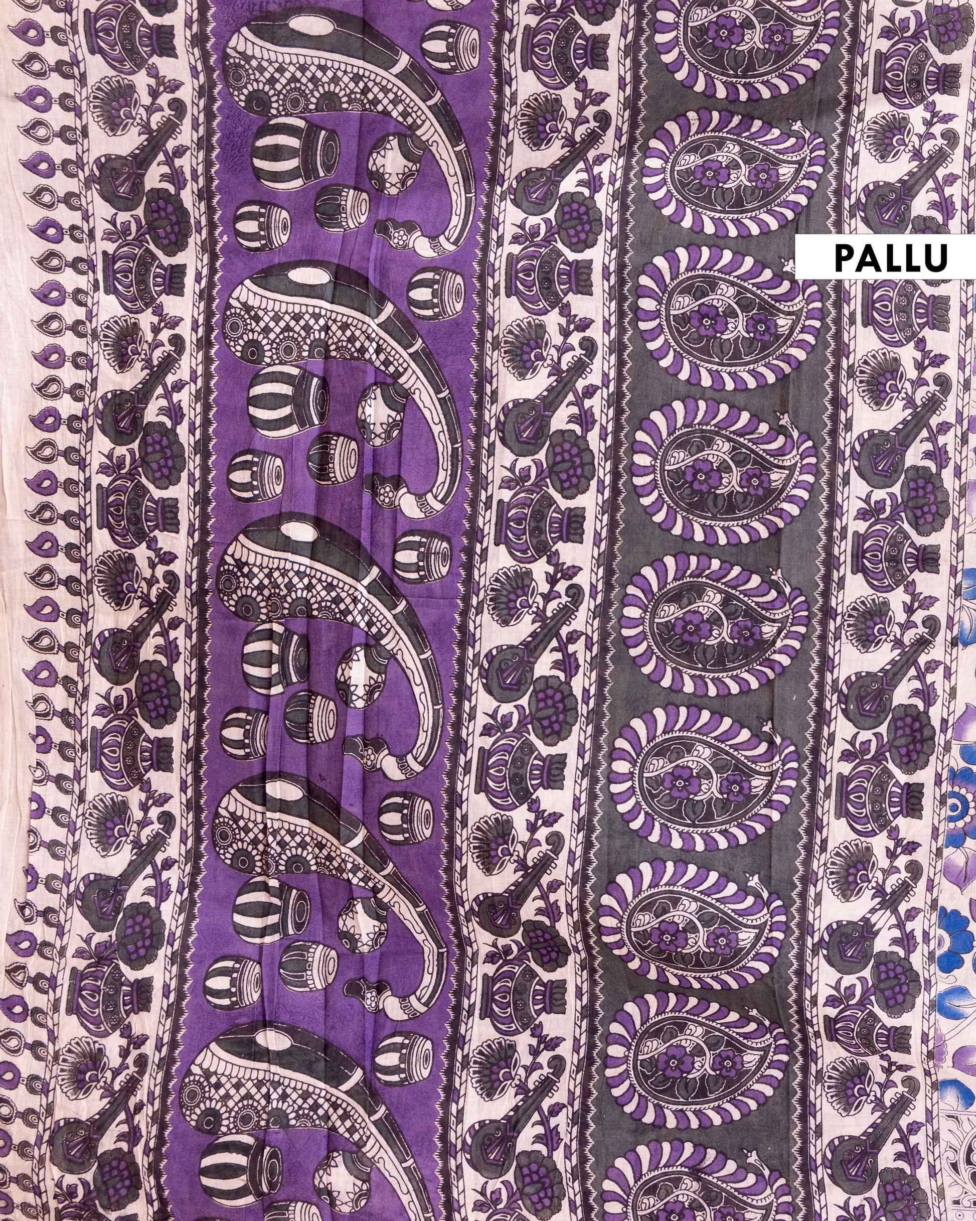 Traditional Hand-Painted Kalamkari Cotton Saree with Floral Motifs and Intricate Border - Cream