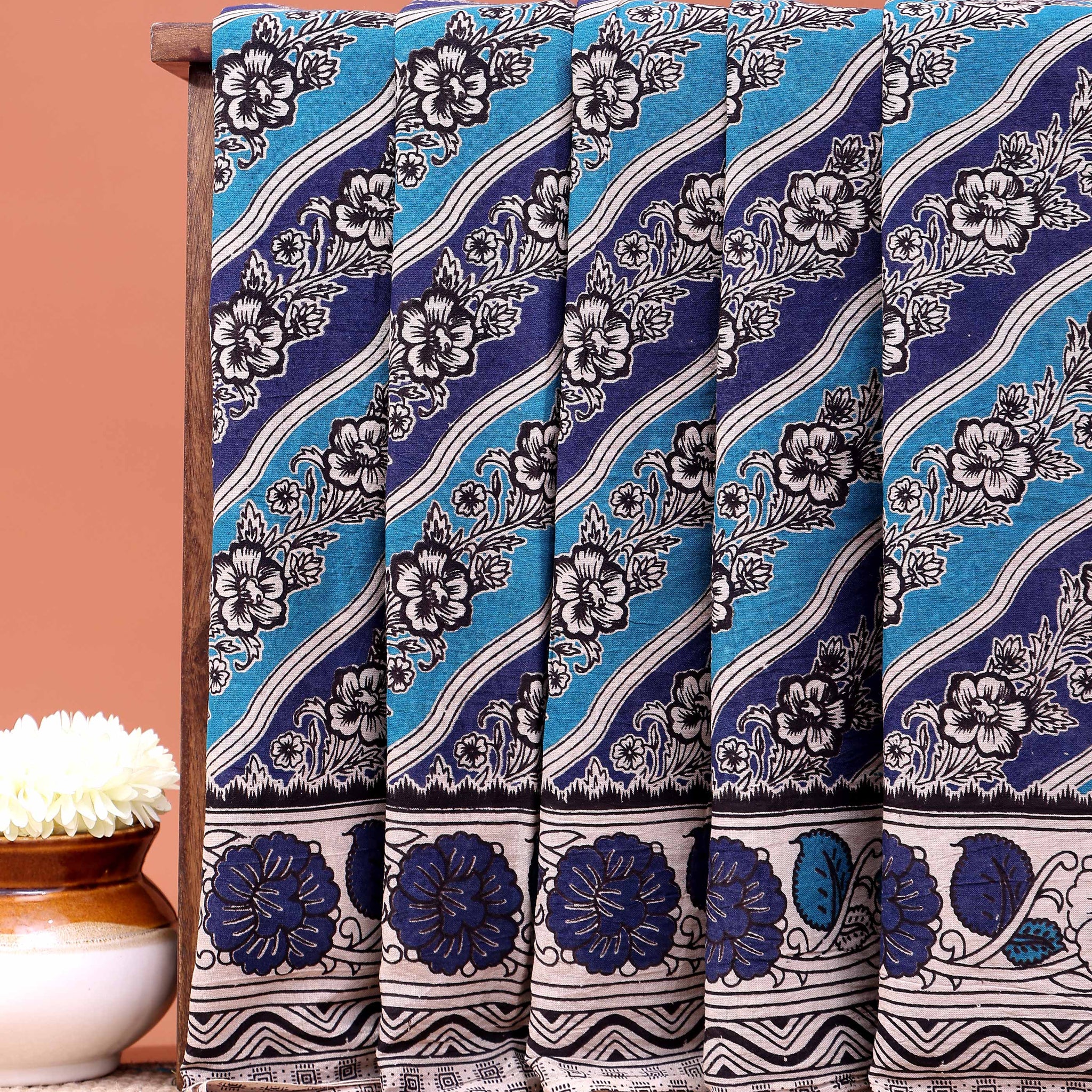 Traditional Hand-Painted Kalamkari Cotton Saree with Floral and Geometric Patterns - Blue