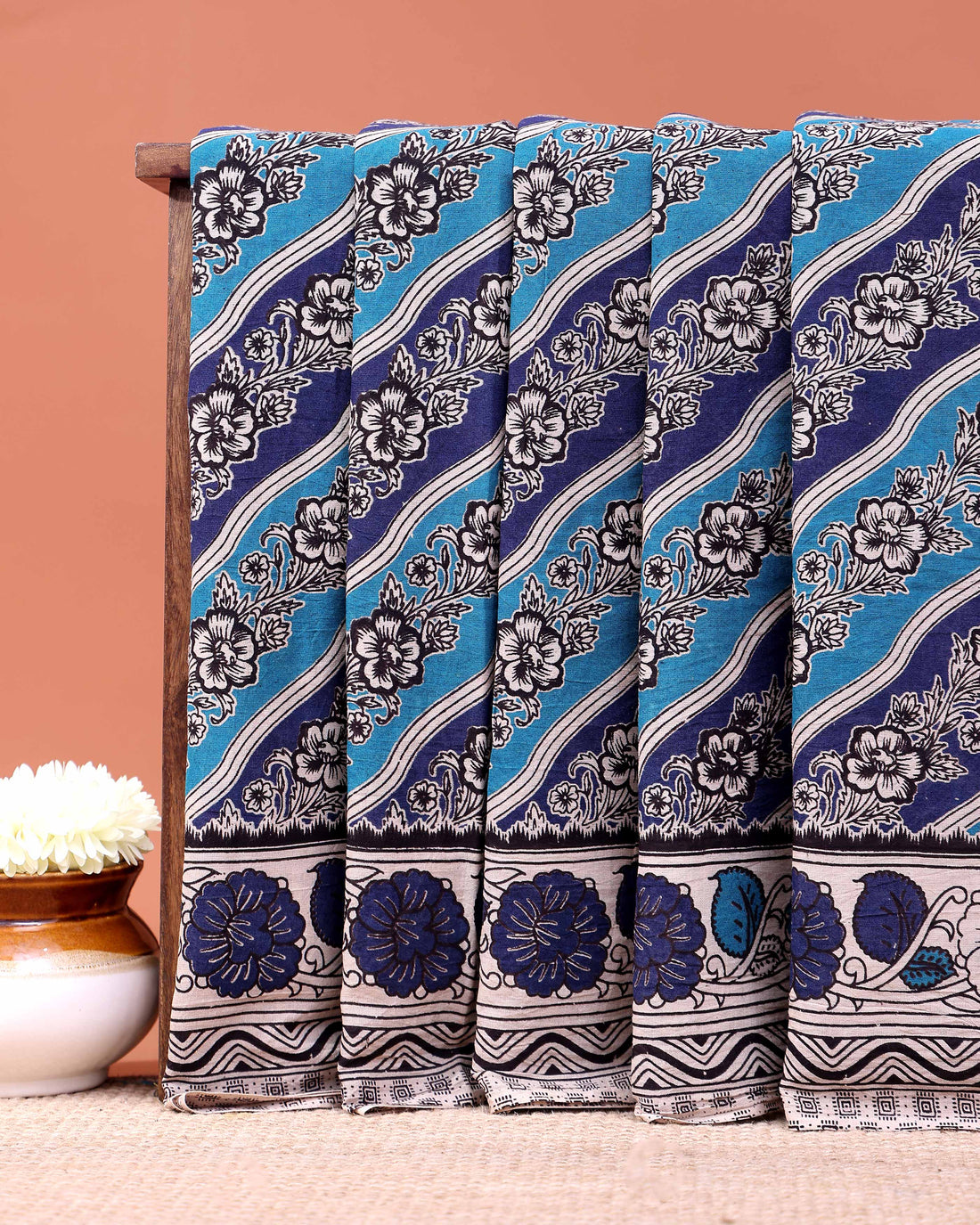 Traditional Hand-Painted Kalamkari Cotton Saree with Floral and Geometric Patterns - Blue