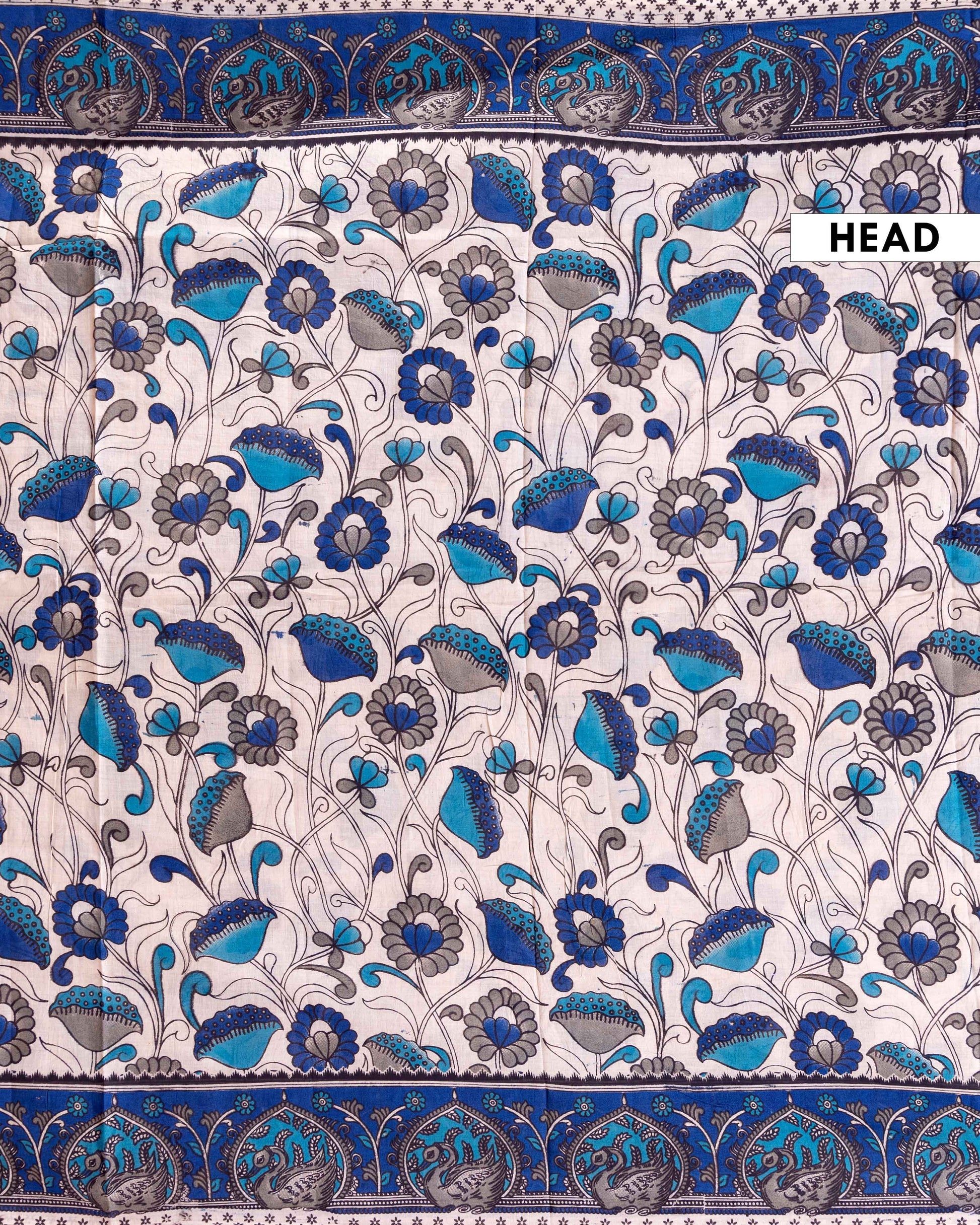 Traditional Hand-Painted Kalamkari Cotton Saree with Floral and Peacock Motifs - Cream