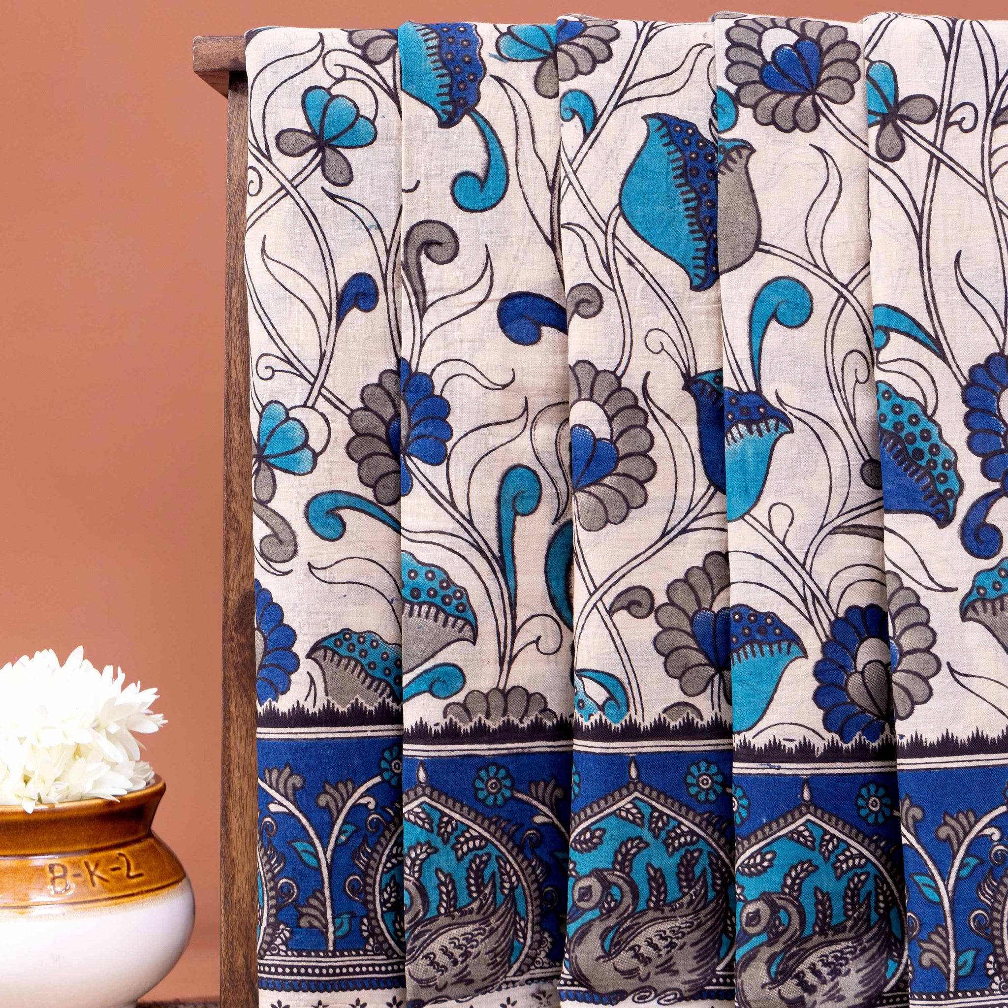 Traditional Hand-Painted Kalamkari Cotton Saree with Floral and Peacock Motifs - Cream