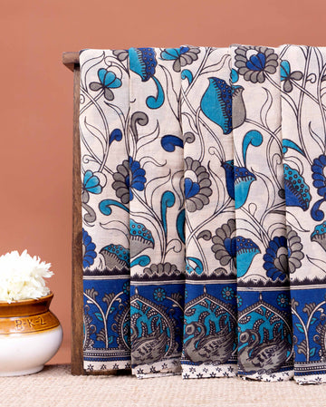 Traditional Hand-Painted Kalamkari Cotton Saree with Floral and Peacock Motifs - Cream