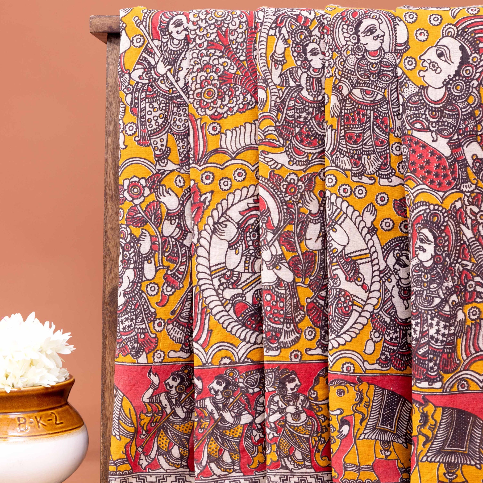 Traditional Hand-Painted Kalamkari Cotton Saree with Intricate Folk Art - Orange
