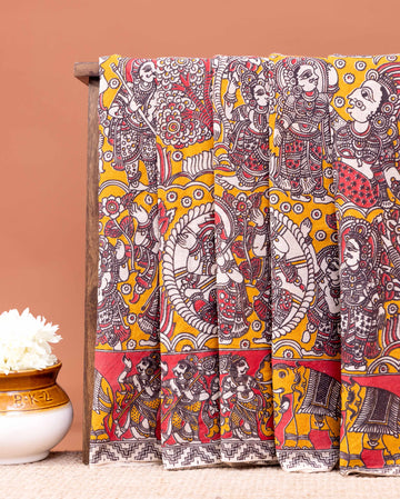 Traditional Hand-Painted Kalamkari Cotton Saree with Intricate Folk Art - Orange