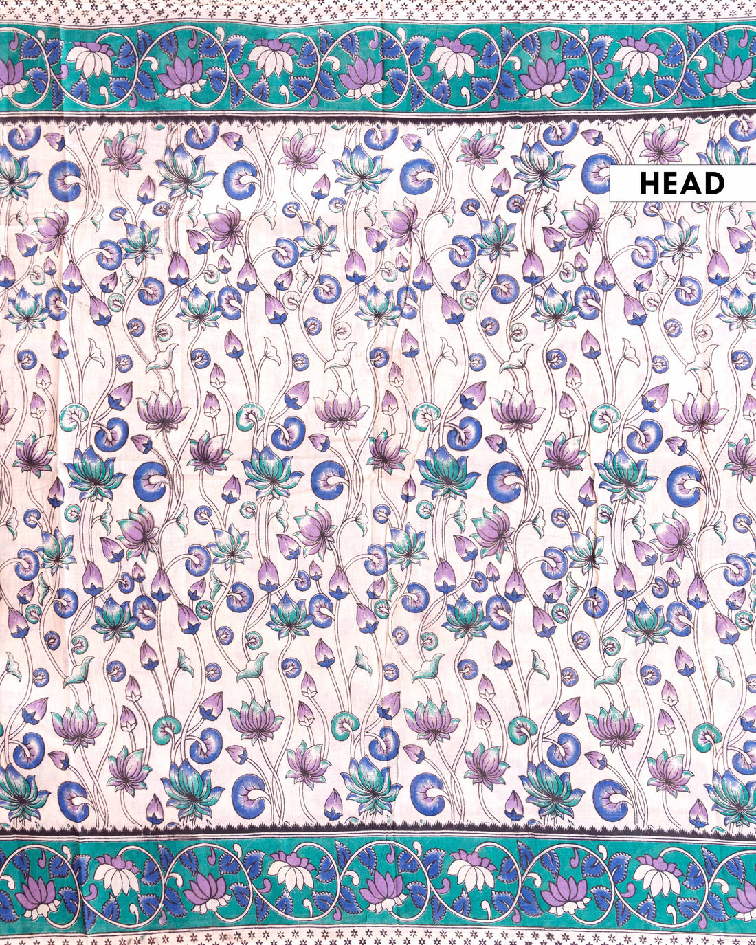 Traditional Hand-Painted Kalamkari Cotton Saree with Lotus Motif and Intricate Border - Cream