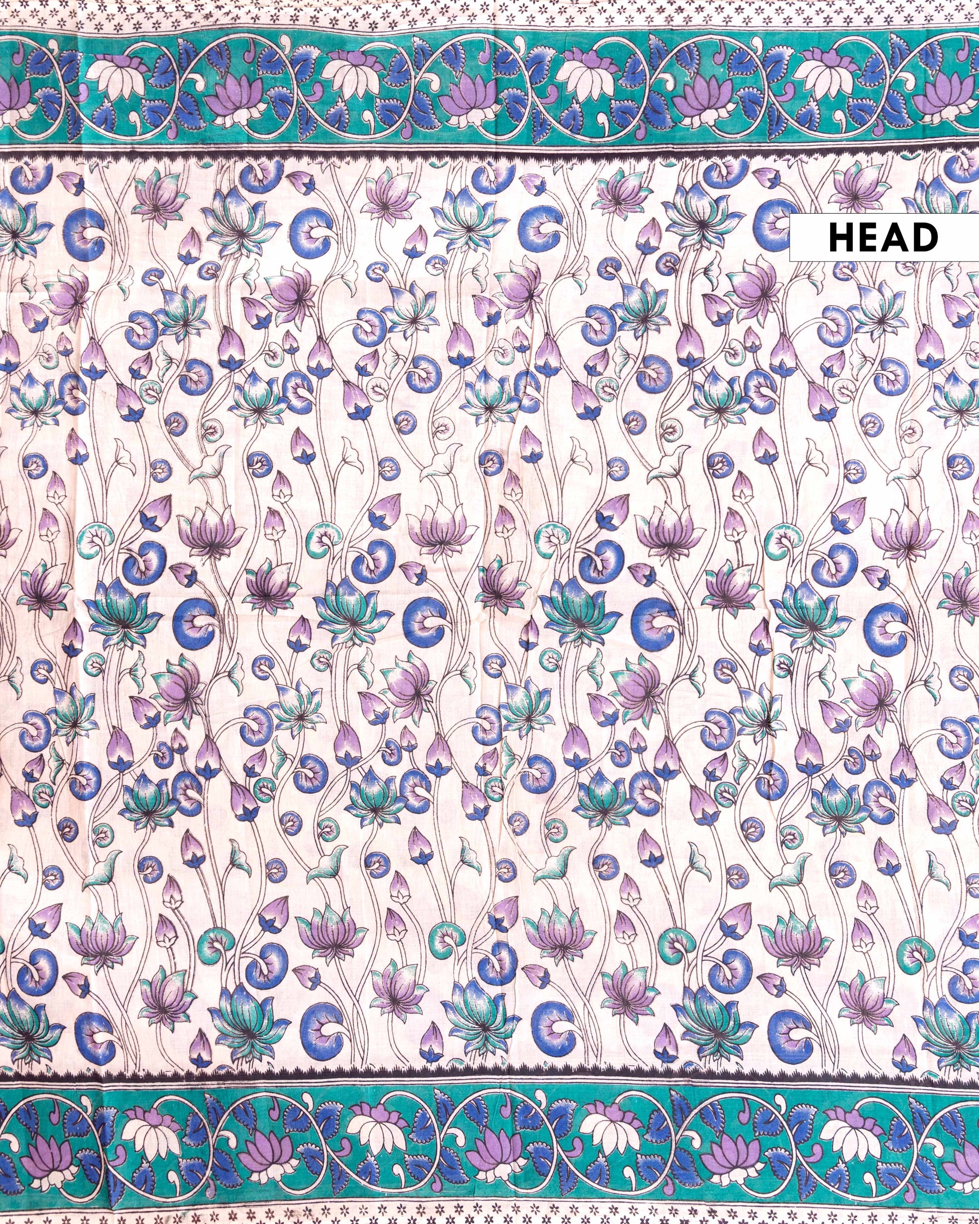 Traditional Hand-Painted Kalamkari Cotton Saree with Lotus Motif and Intricate Border - Cream