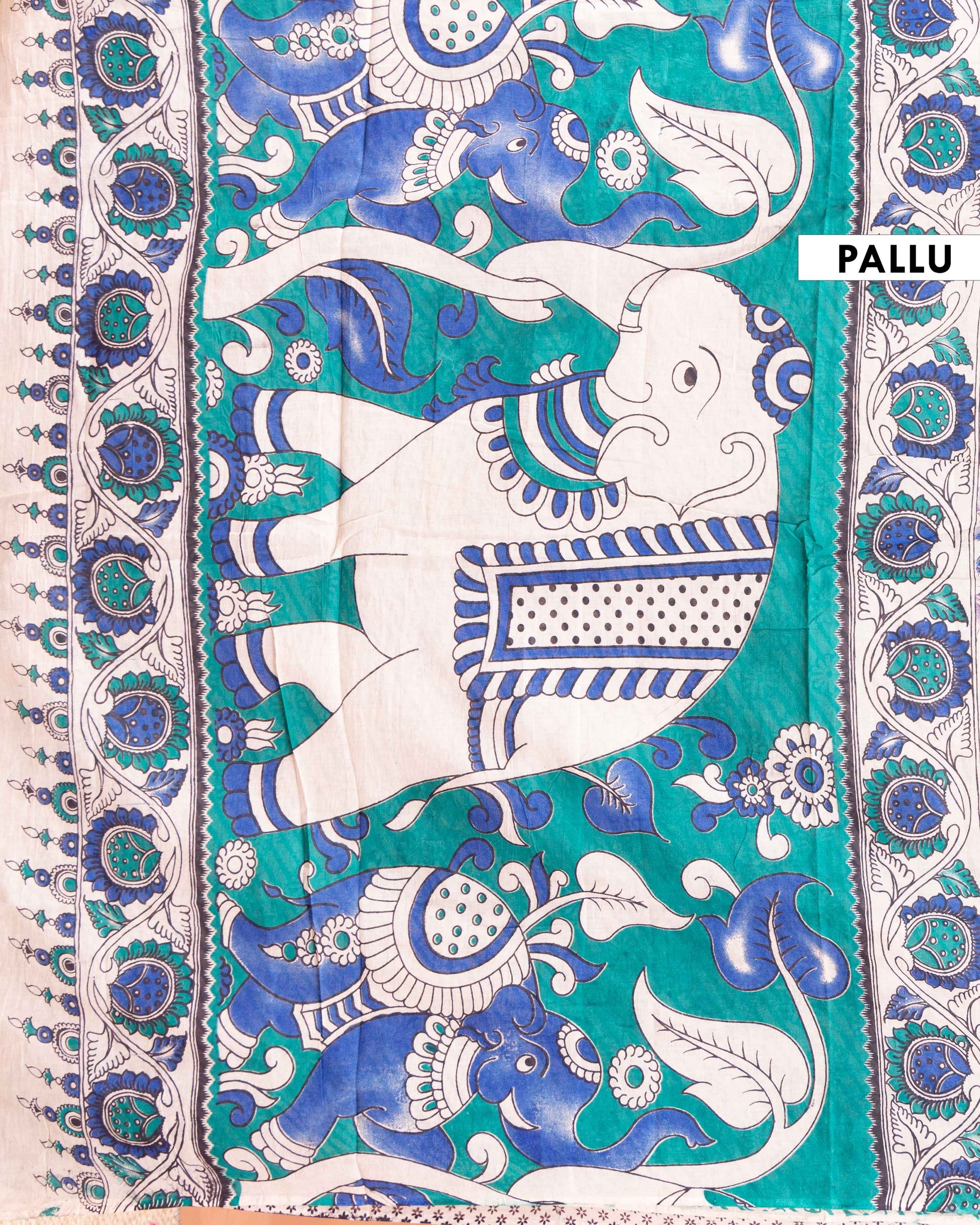 Traditional Hand-Painted Kalamkari Cotton Saree with Lotus Motif and Intricate Border - Cream