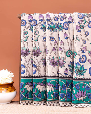 Traditional Hand-Painted Kalamkari Cotton Saree with Lotus Motif and Intricate Border - Cream