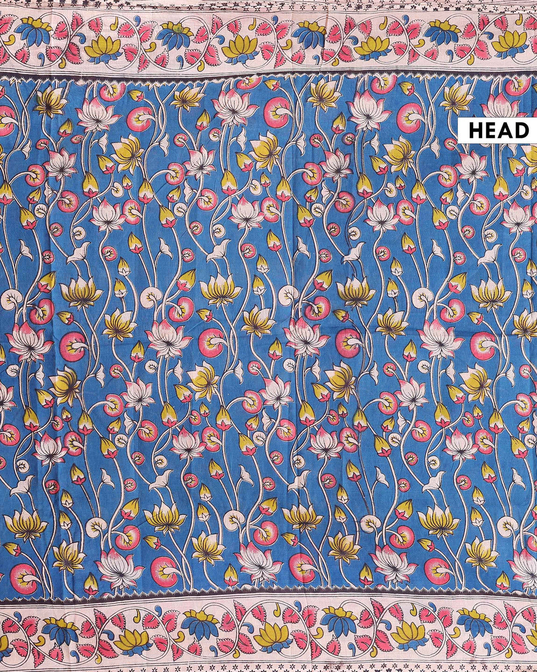 Traditional Hand-Painted Kalamkari Cotton Saree with Lotus and Floral Vine Motifs - Blue