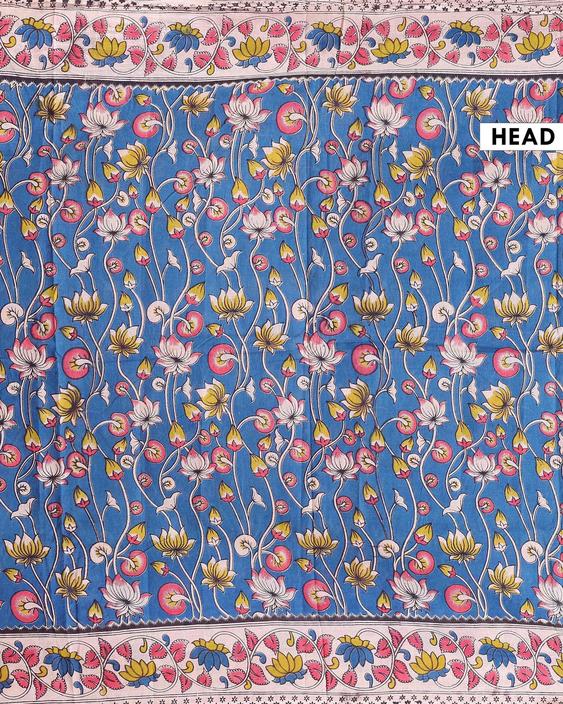 Traditional Hand-Painted Kalamkari Cotton Saree with Lotus and Floral Vine Motifs - Blue