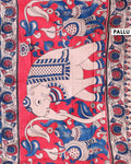 Traditional Hand-Painted Kalamkari Cotton Saree with Lotus and Floral Vine Motifs - Blue