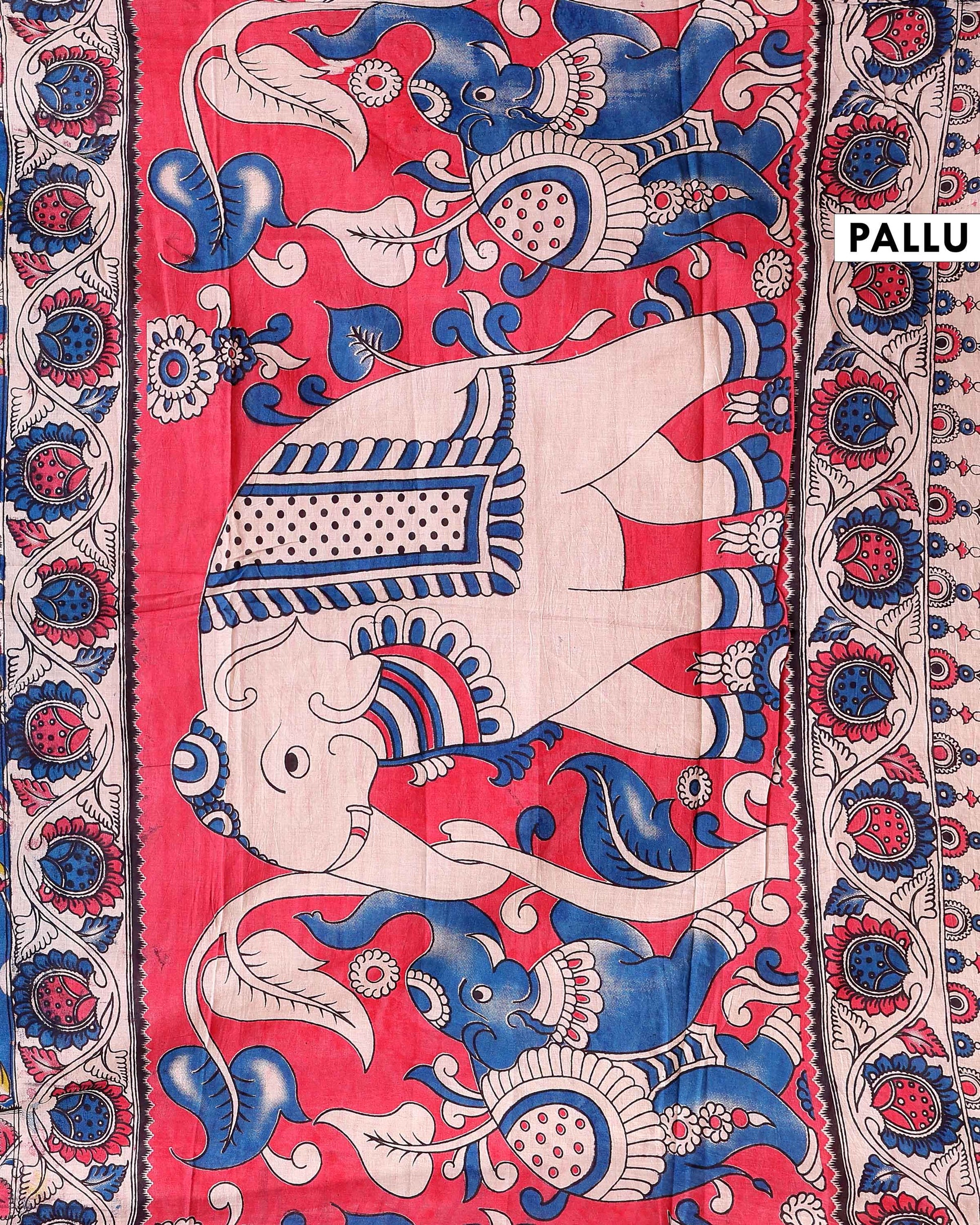Traditional Hand-Painted Kalamkari Cotton Saree with Lotus and Floral Vine Motifs - Blue