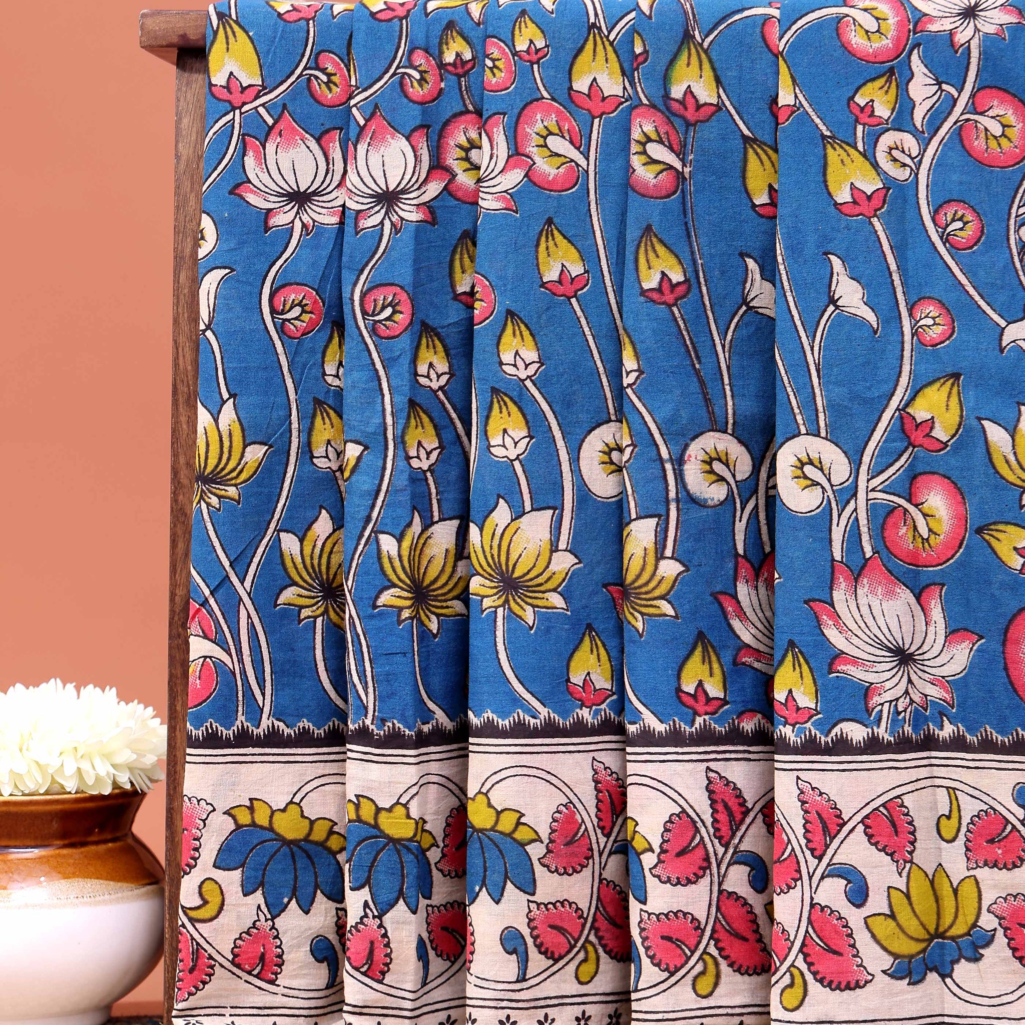 Traditional Hand-Painted Kalamkari Cotton Saree with Lotus and Floral Vine Motifs - Blue