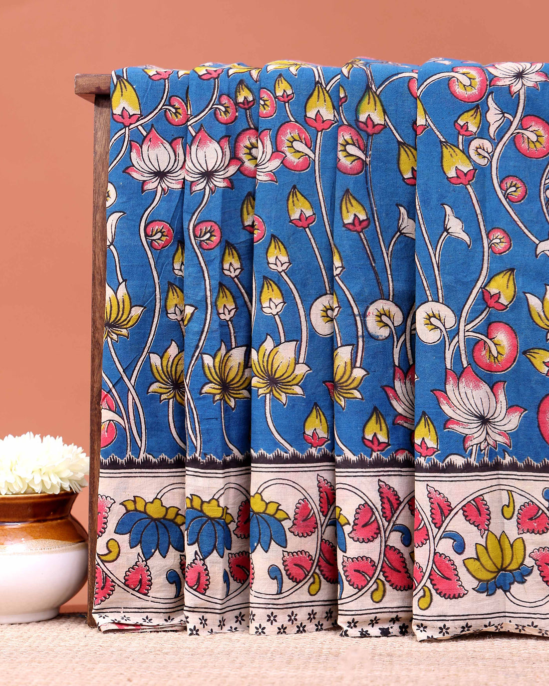 Traditional Hand-Painted Kalamkari Cotton Saree with Lotus and Floral Vine Motifs - Blue