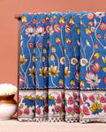 Traditional Hand-Painted Kalamkari Cotton Saree with Lotus and Floral Vine Motifs - Blue