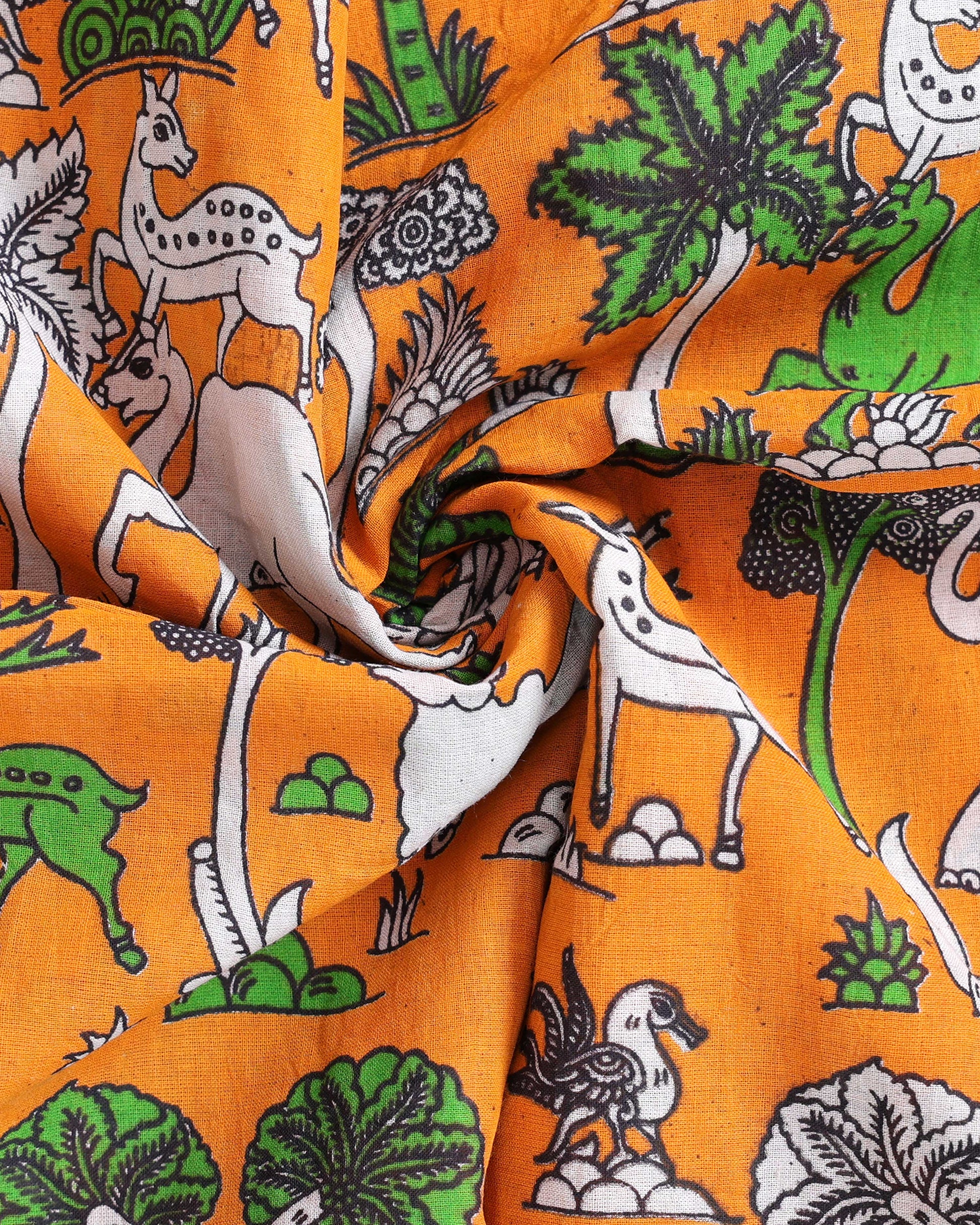 Traditional Hand-Painted Kalamkari Cotton Saree with Nature & Wildlife Motifs - Close