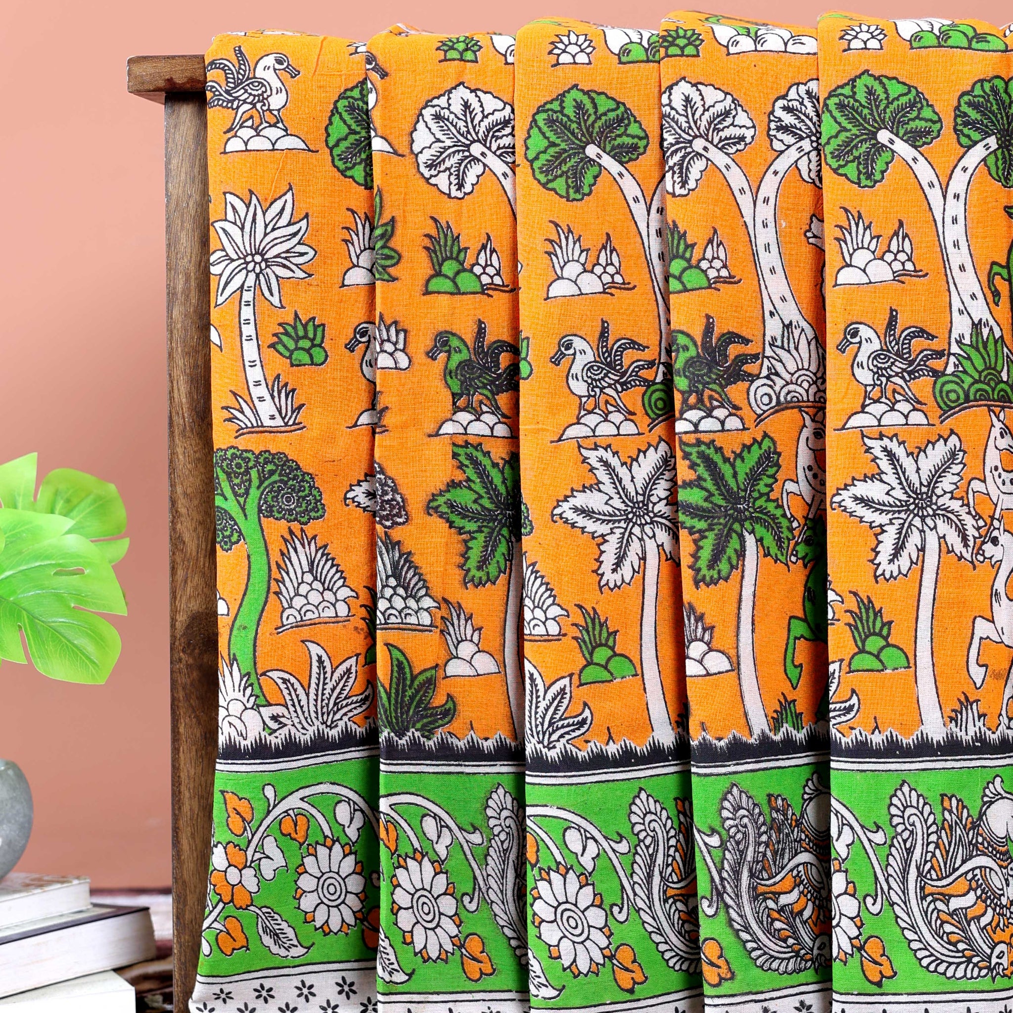 Traditional Hand-Painted Kalamkari Cotton Saree with Nature & Wildlife Motifs - Yellow
