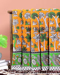 Traditional Hand-Painted Kalamkari Cotton Saree with Nature & Wildlife Motifs - Yellow