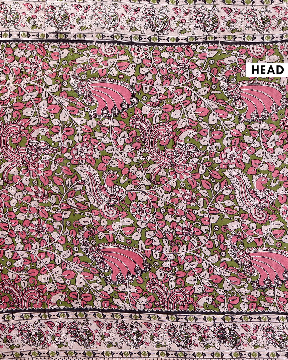 Traditional Hand-Painted Kalamkari Cotton Saree with Peacock and Floral Motifs - Green