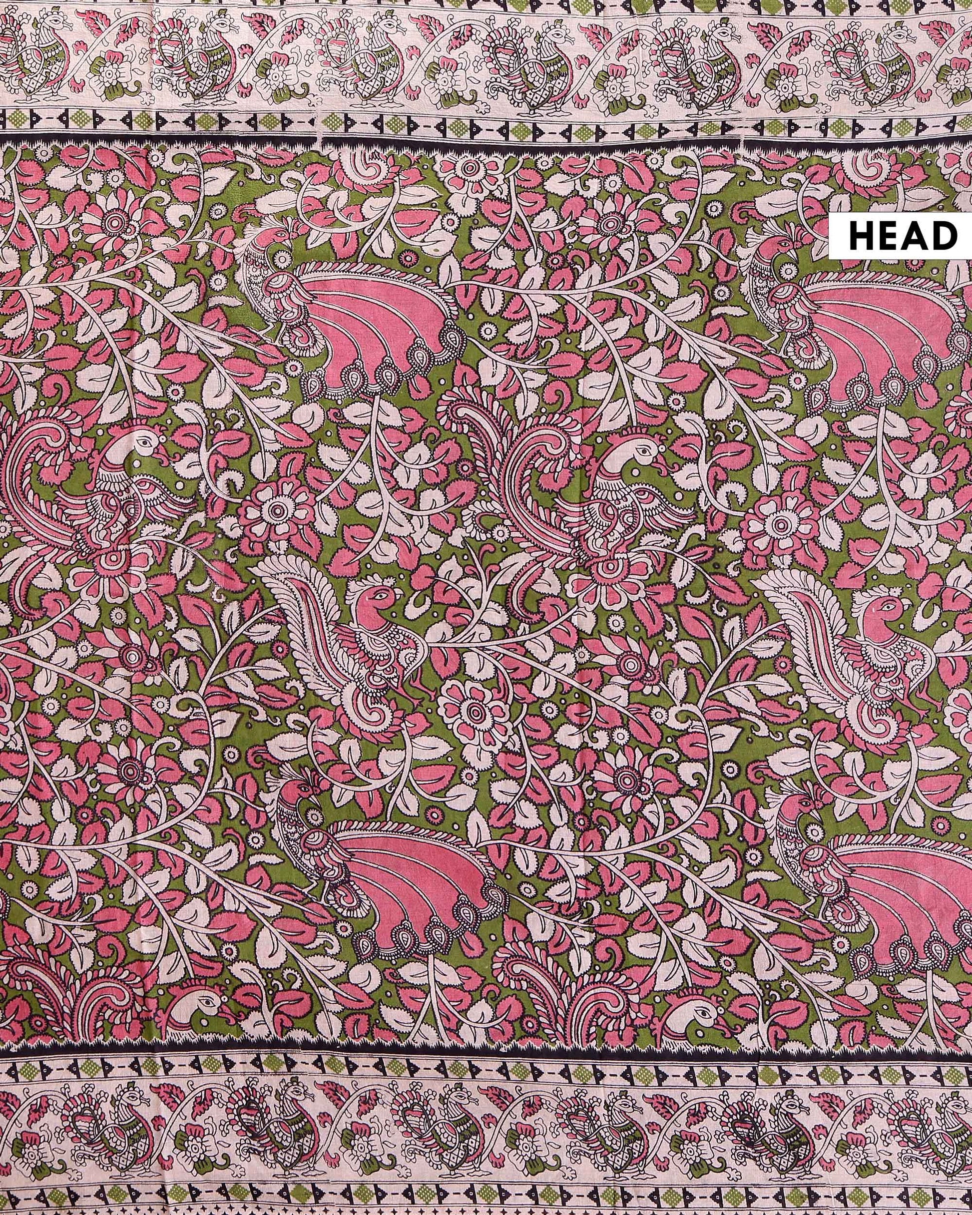 Traditional Hand-Painted Kalamkari Cotton Saree with Peacock and Floral Motifs - Green