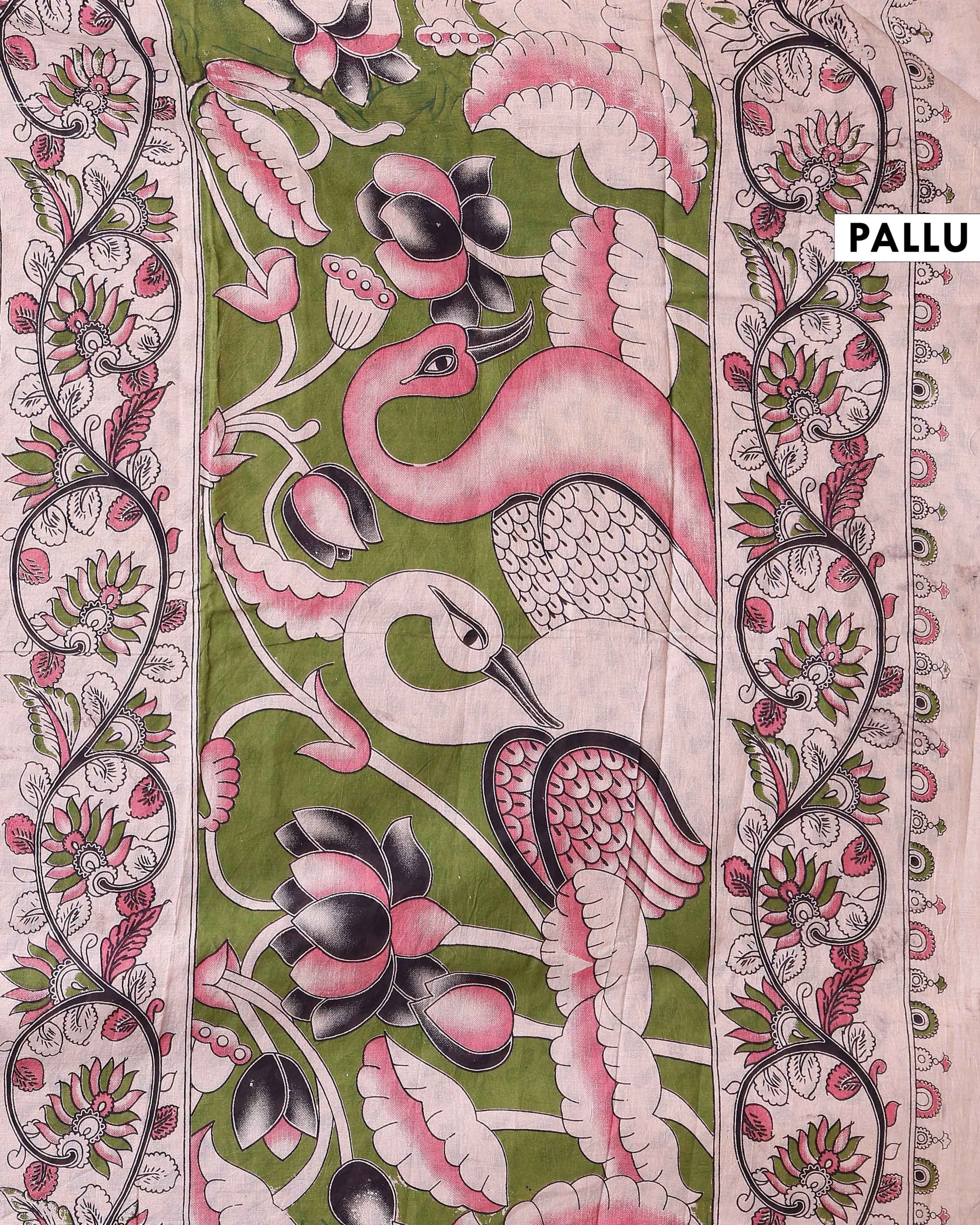 Traditional Hand-Painted Kalamkari Cotton Saree with Peacock and Floral Motifs - Green