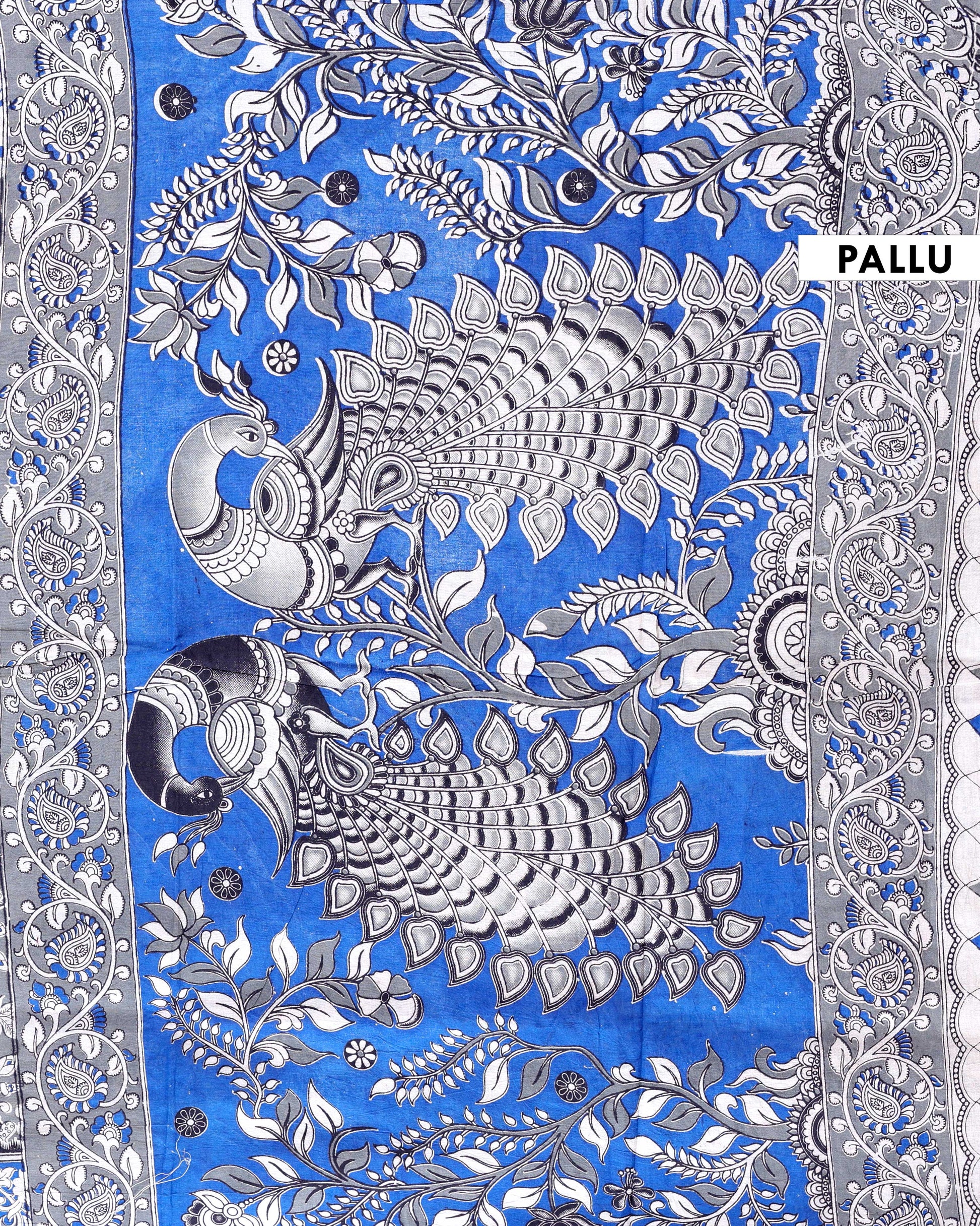 Traditional Hand-Painted Kalamkari Cotton Saree with Traditional Floral & Leaf Motifs - Pallu