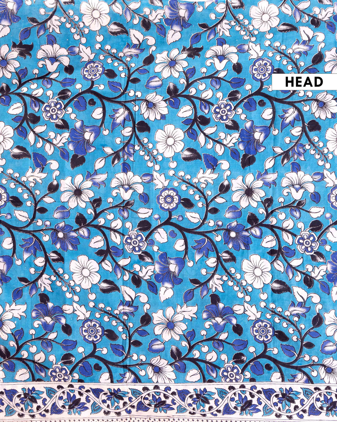 Traditional Hand-Painted Kalamkari Cotton Saree with Traditional Floral Motifs and Border - Blue