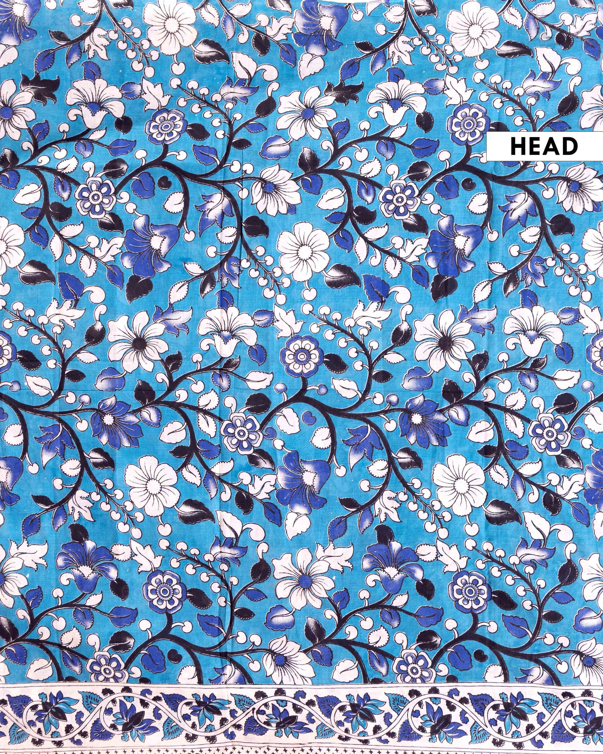 Traditional Hand-Painted Kalamkari Cotton Saree with Traditional Floral Motifs and Border - Blue