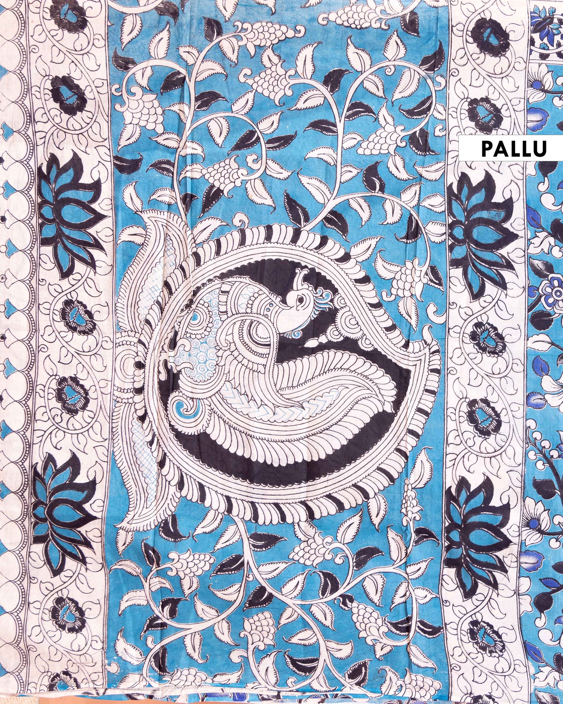 Traditional Hand-Painted Kalamkari Cotton Saree with Traditional Floral Motifs and Border - Blue