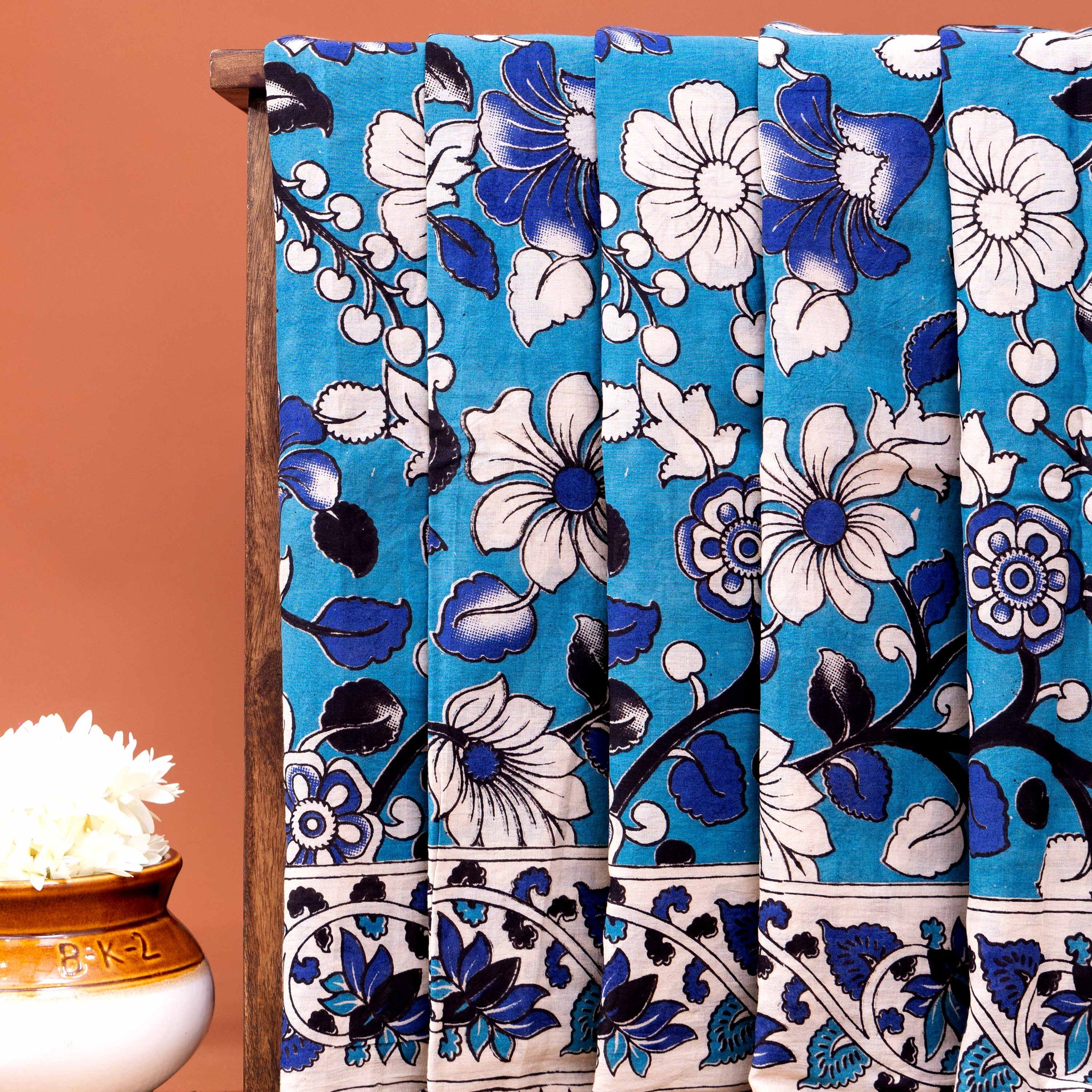 Traditional Hand-Painted Kalamkari Cotton Saree with Traditional Floral Motifs and Border - Blue