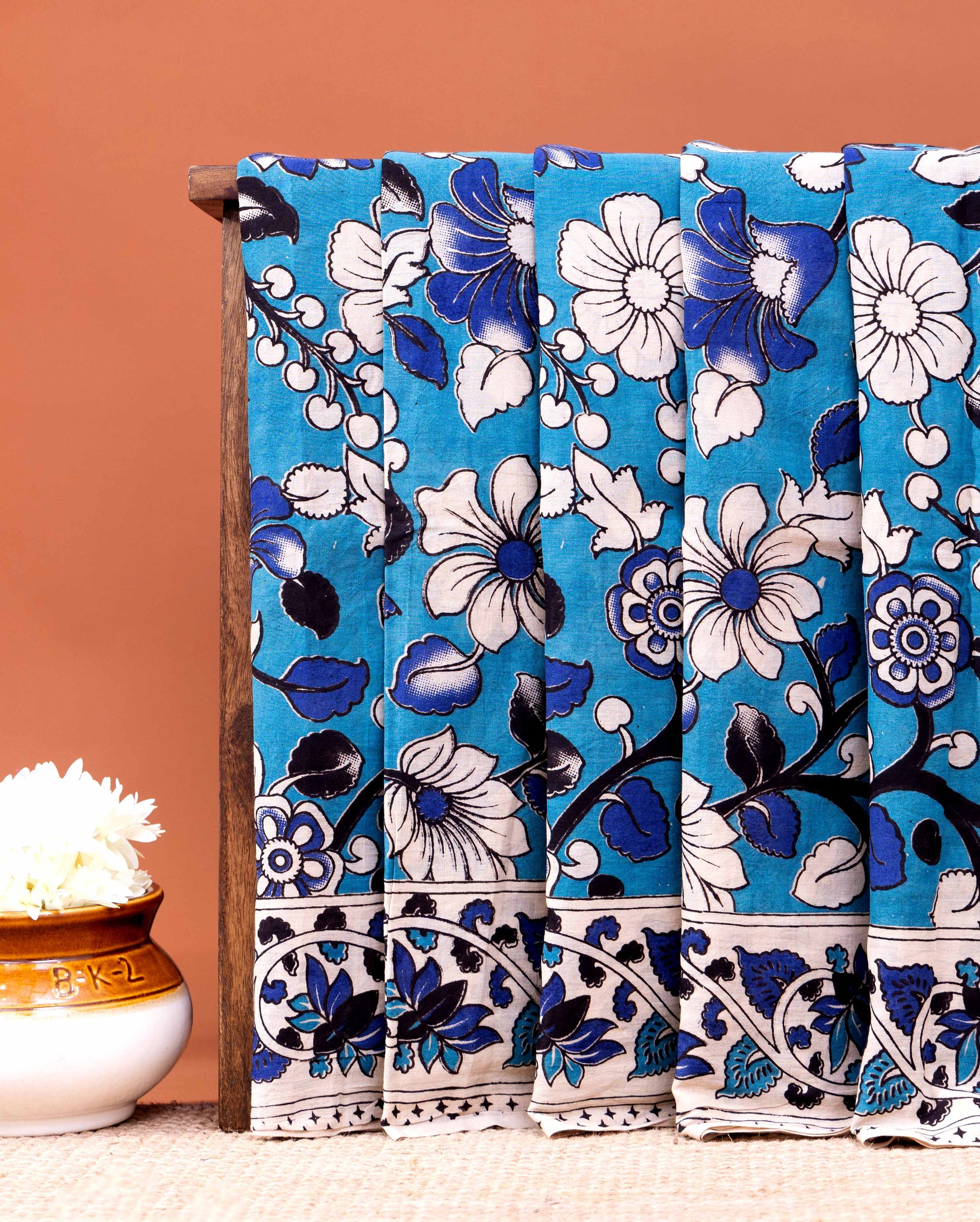 Traditional Hand-Painted Kalamkari Cotton Saree with Traditional Floral Motifs and Border - Blue