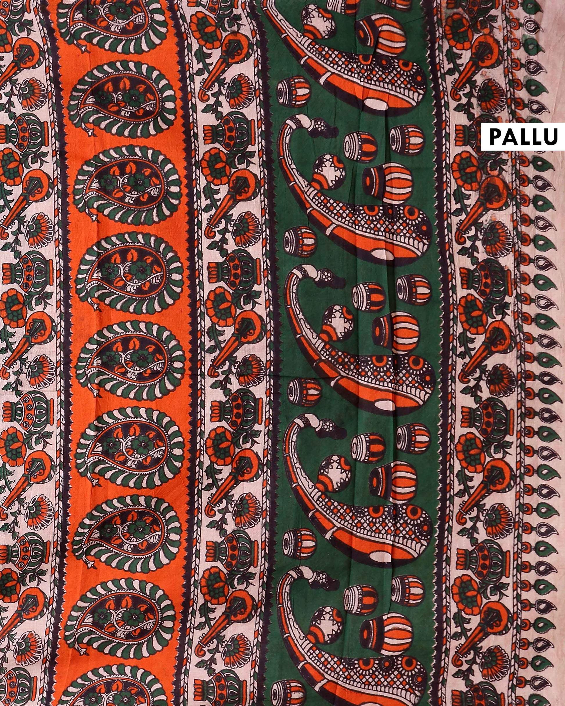 Traditional Hand-Painted Kalamkari Cotton Saree with Traditional Floral & Paisley Motifs - Green