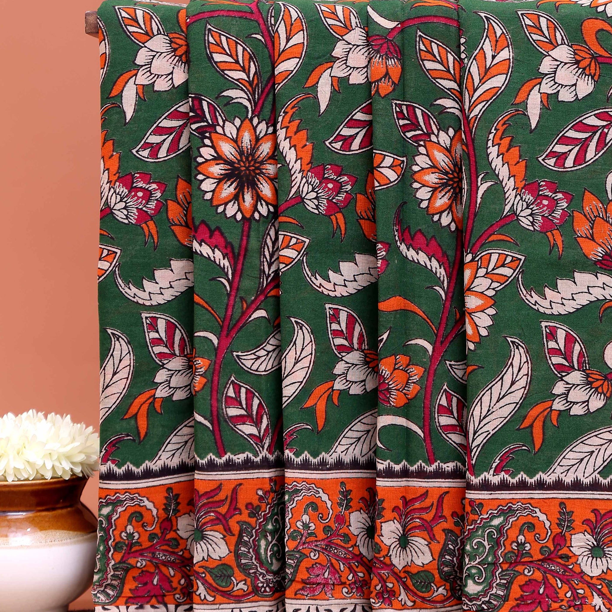 Traditional Hand-Painted Kalamkari Cotton Saree with Traditional Floral & Paisley Motifs - Green