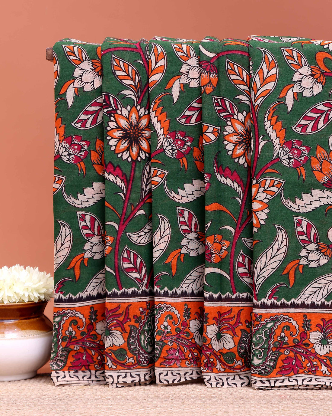 Traditional Hand-Painted Kalamkari Cotton Saree with Traditional Floral & Paisley Motifs - Green