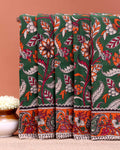 Traditional Hand-Painted Kalamkari Cotton Saree with Traditional Floral & Paisley Motifs - Green