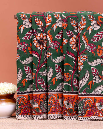 Traditional Hand-Painted Kalamkari Cotton Saree with Traditional Floral & Paisley Motifs - Green