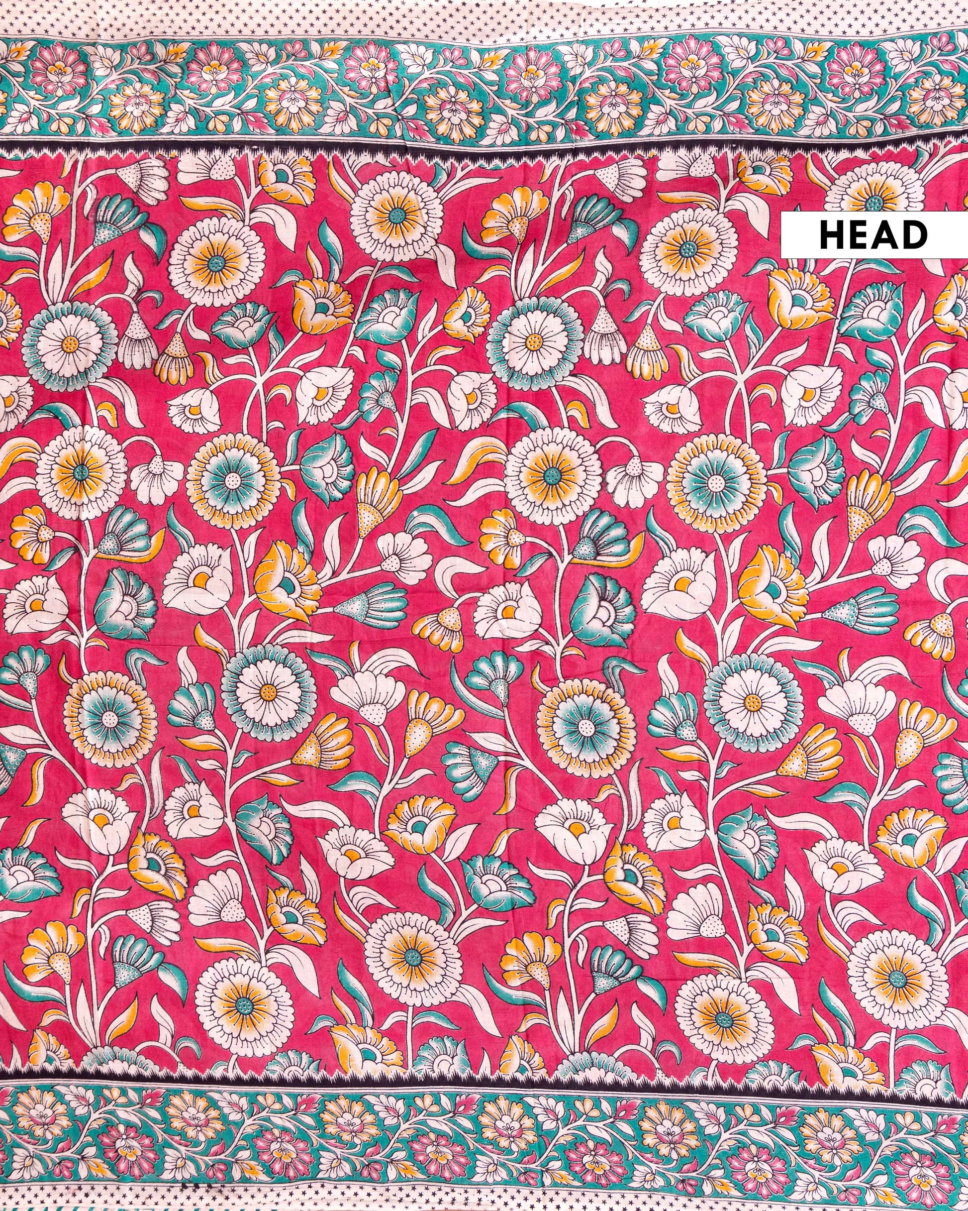 Traditional Hand-Painted Kalamkari Cotton Saree with Traditional Floral Pattern - Pink