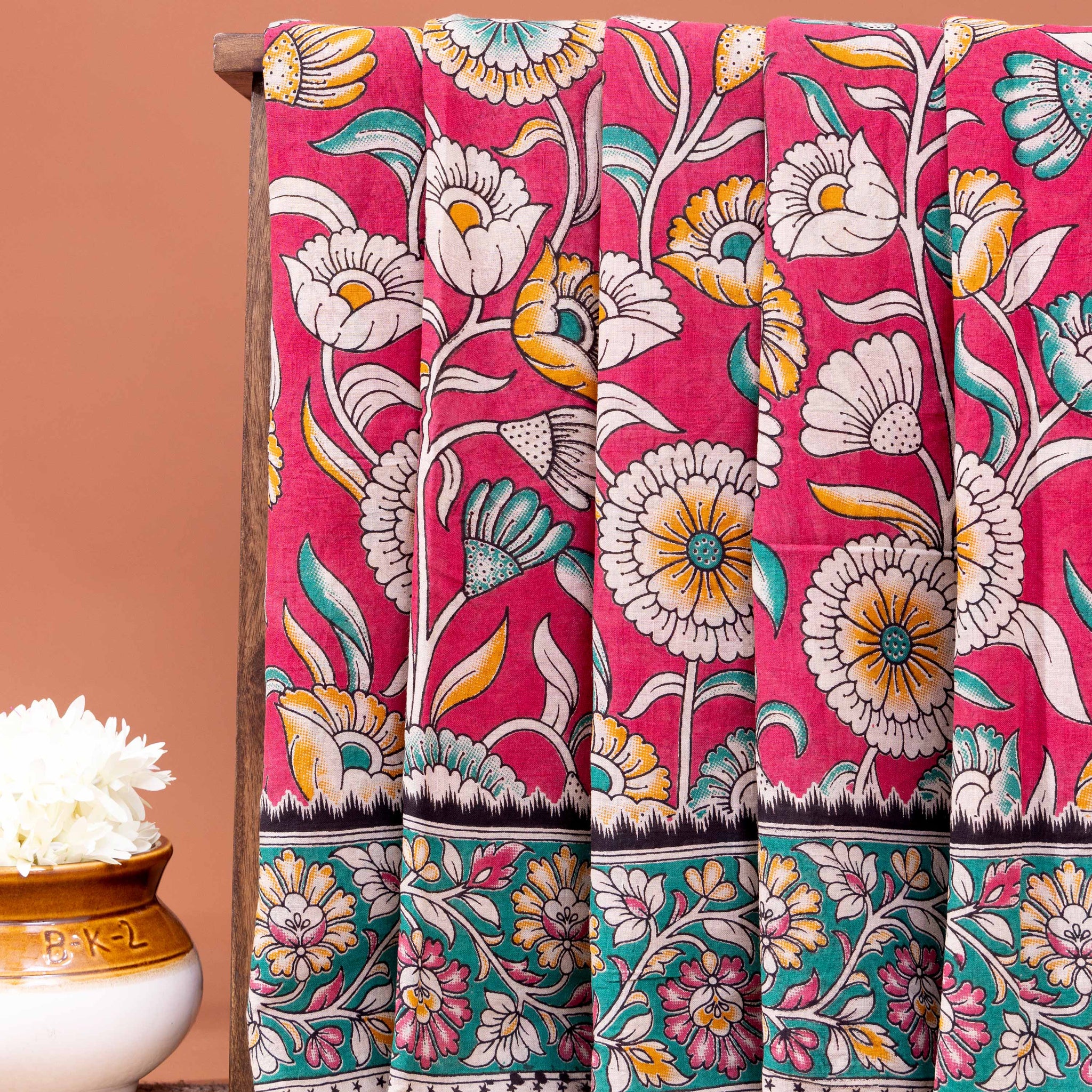 Traditional Hand-Painted Kalamkari Cotton Saree with Traditional Floral Pattern - Pink