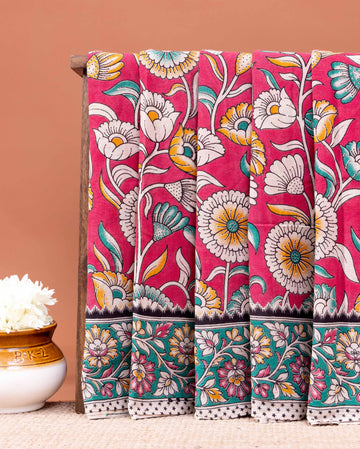 Traditional Hand-Painted Kalamkari Cotton Saree with Traditional Floral Pattern - Pink
