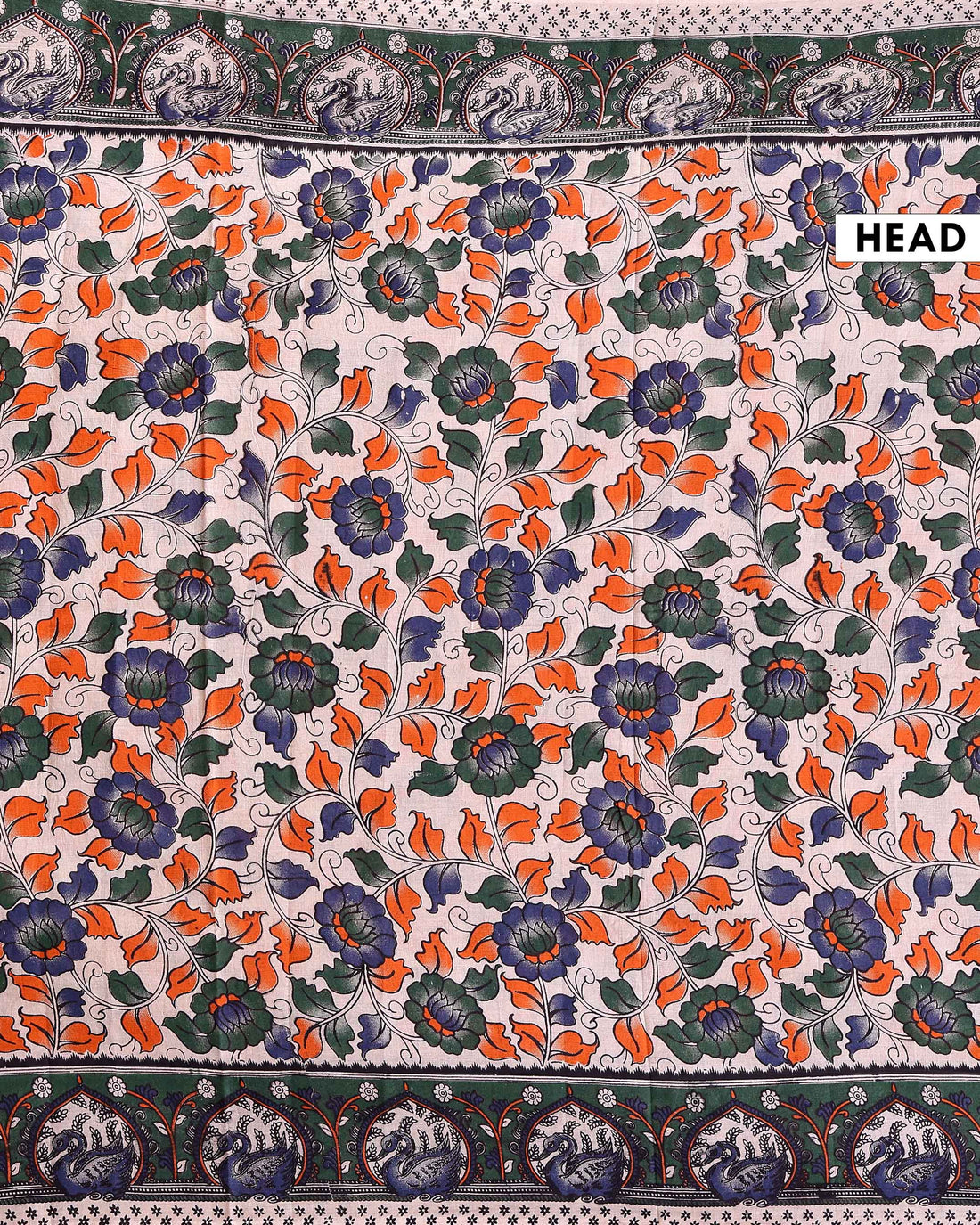 Traditional Hand-Painted Kalamkari Cotton Saree with Traditional Floral and Peacock Motifs - Cream