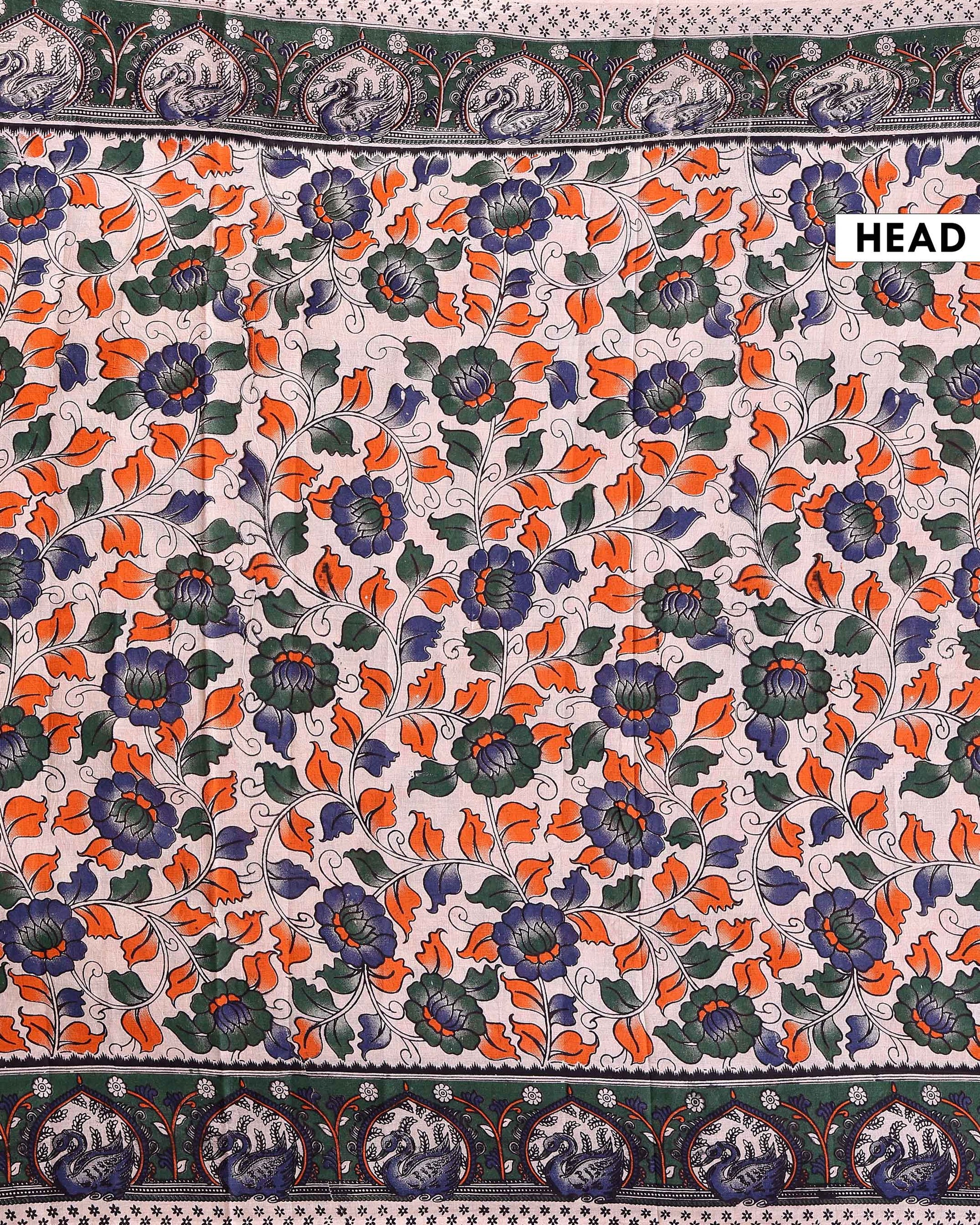 Traditional Hand-Painted Kalamkari Cotton Saree with Traditional Floral and Peacock Motifs - Cream