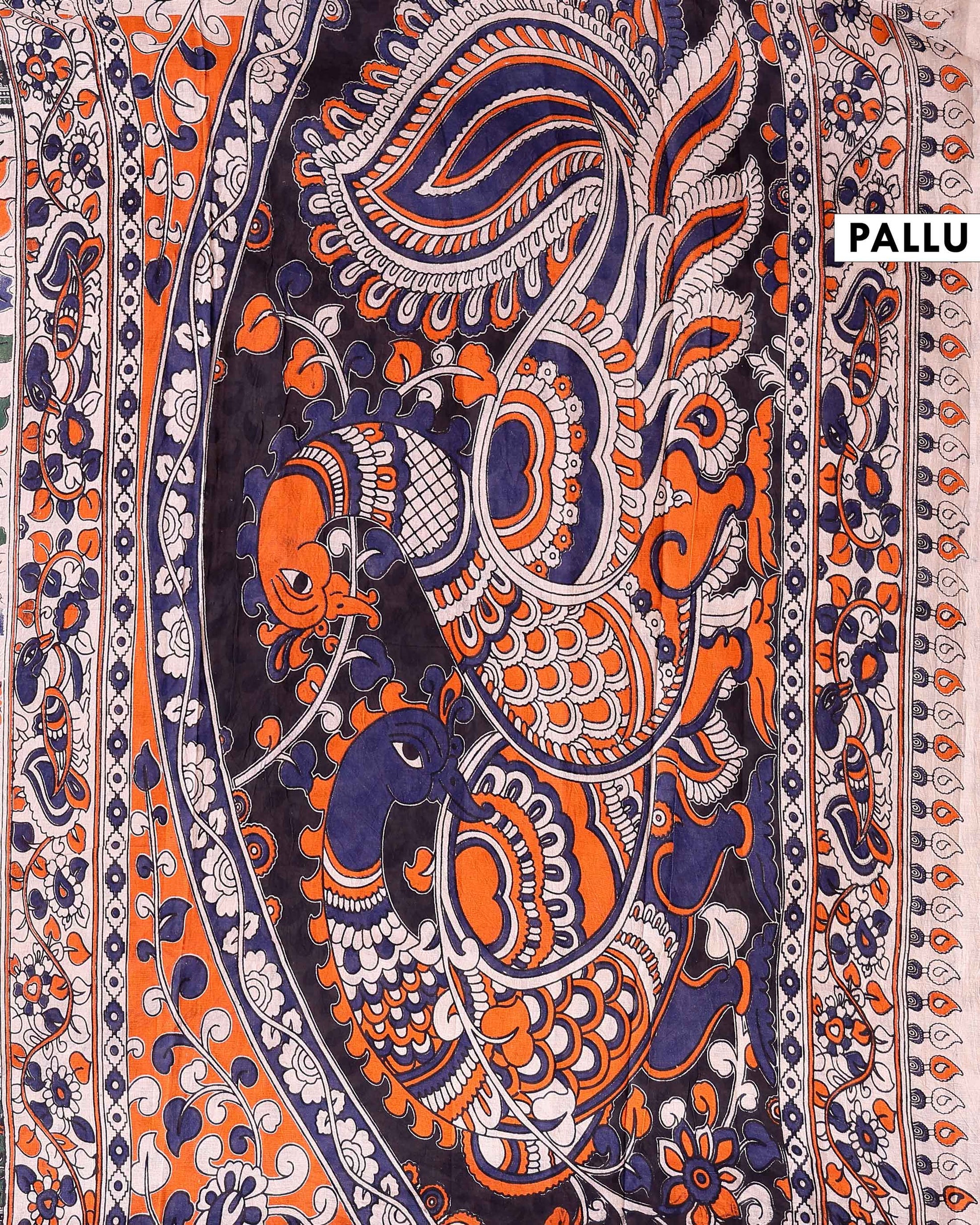 Traditional Hand-Painted Kalamkari Cotton Saree with Traditional Floral and Peacock Motifs - Cream