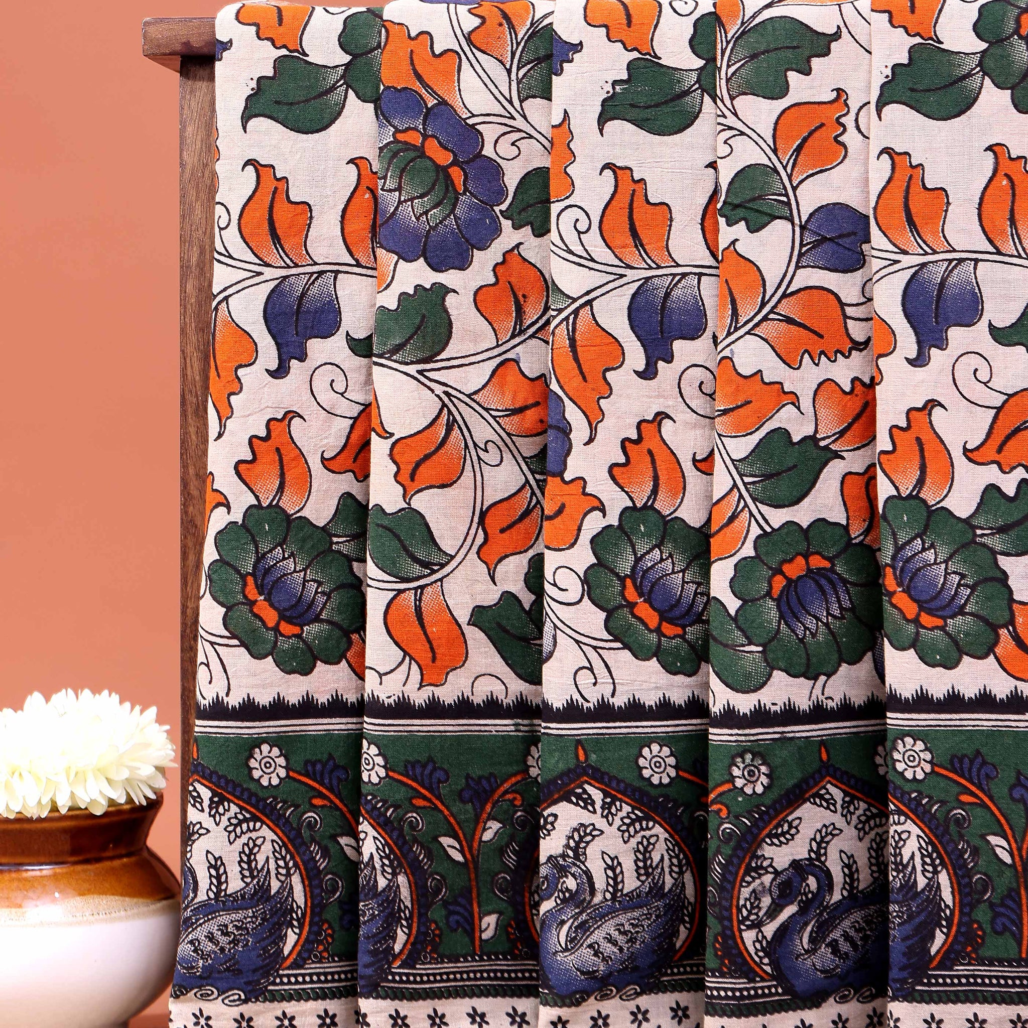 Traditional Hand-Painted Kalamkari Cotton Saree with Traditional Floral and Peacock Motifs - Cream