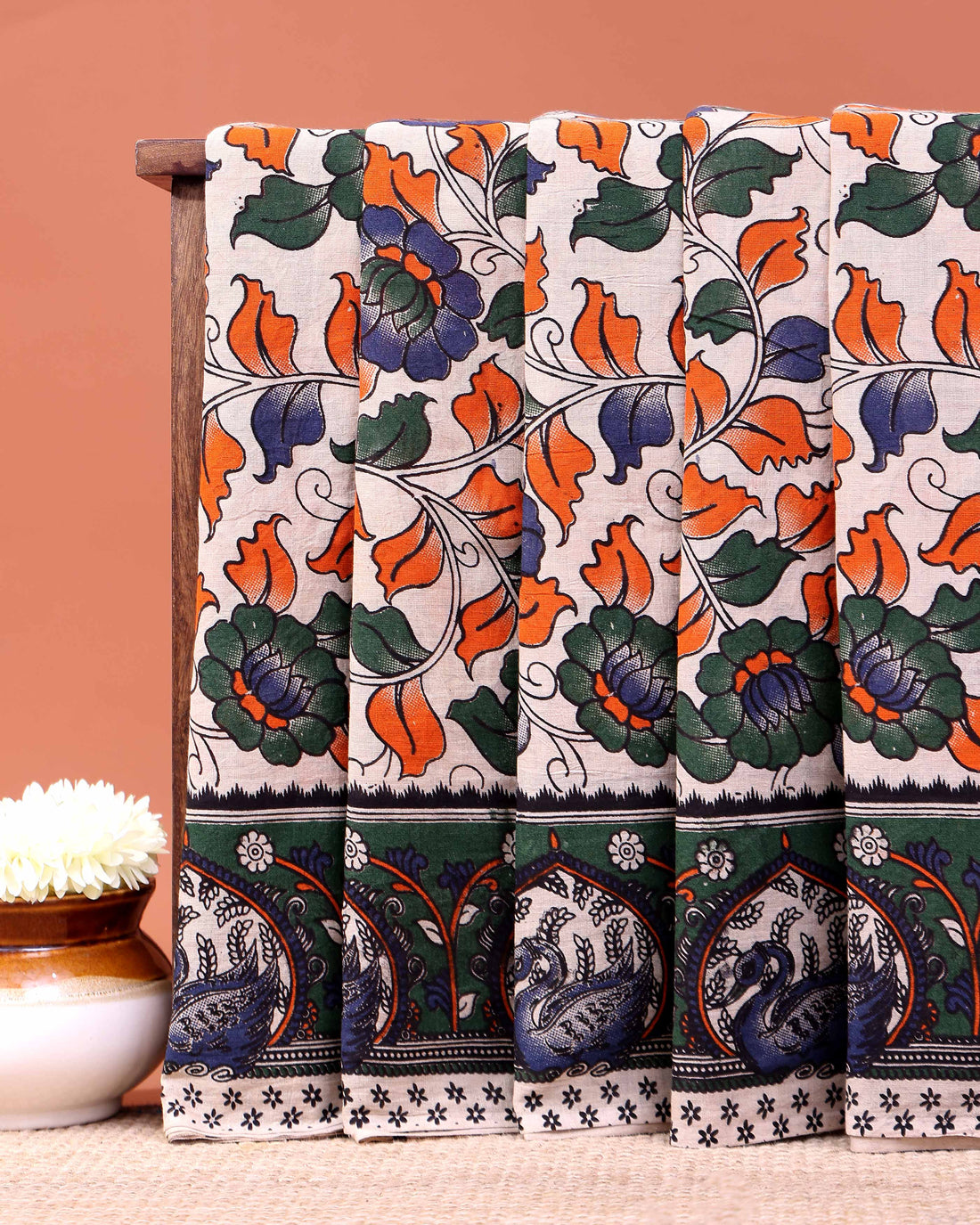 Traditional Hand-Painted Kalamkari Cotton Saree with Traditional Floral and Peacock Motifs - Cream