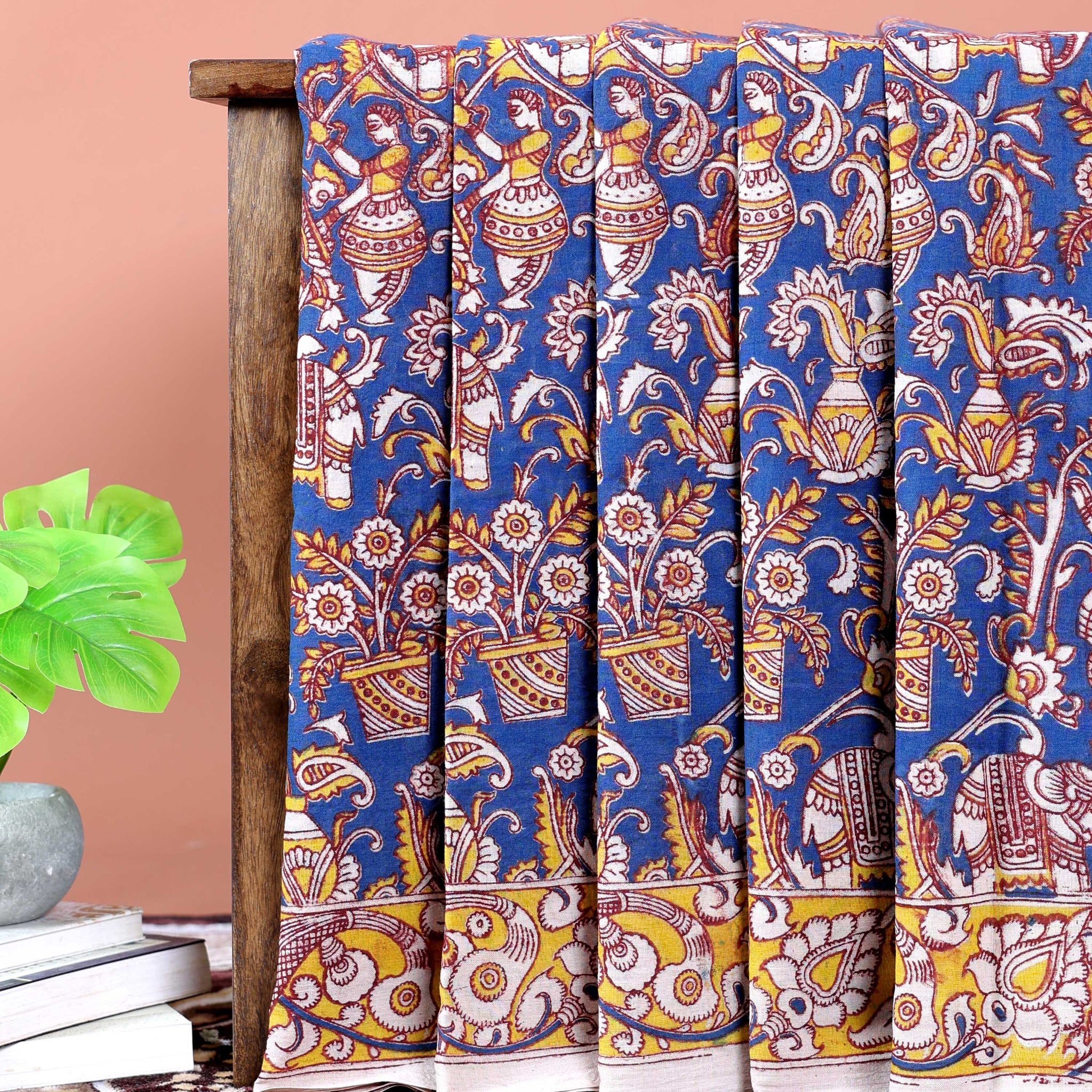 Traditional Hand-Painted Kalamkari Cotton Saree with Traditional Motifs - Blue