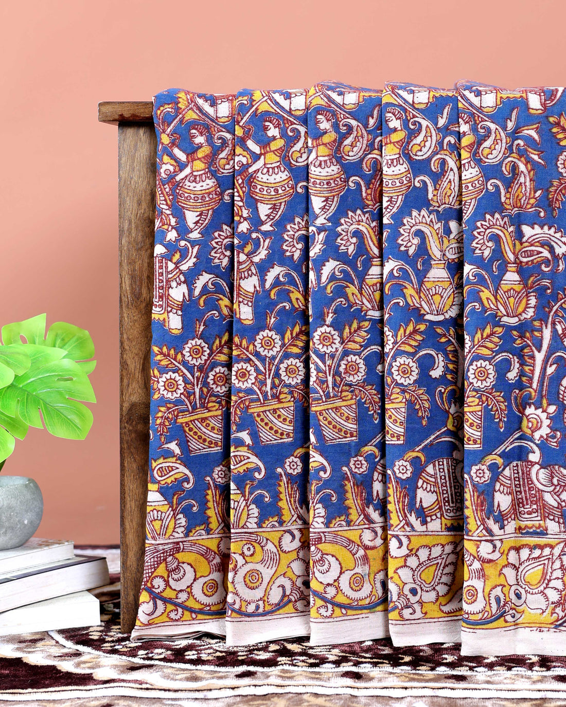 Traditional Hand-Painted Kalamkari Cotton Saree with Traditional Motifs - Blue