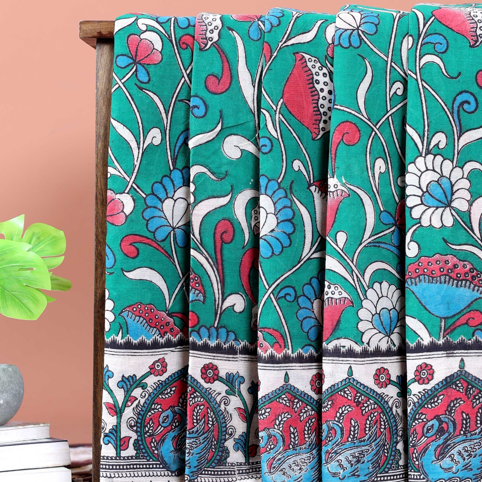 Traditional Hand-Painted Kalamkari Cotton Saree with Traditional Motifs - Green