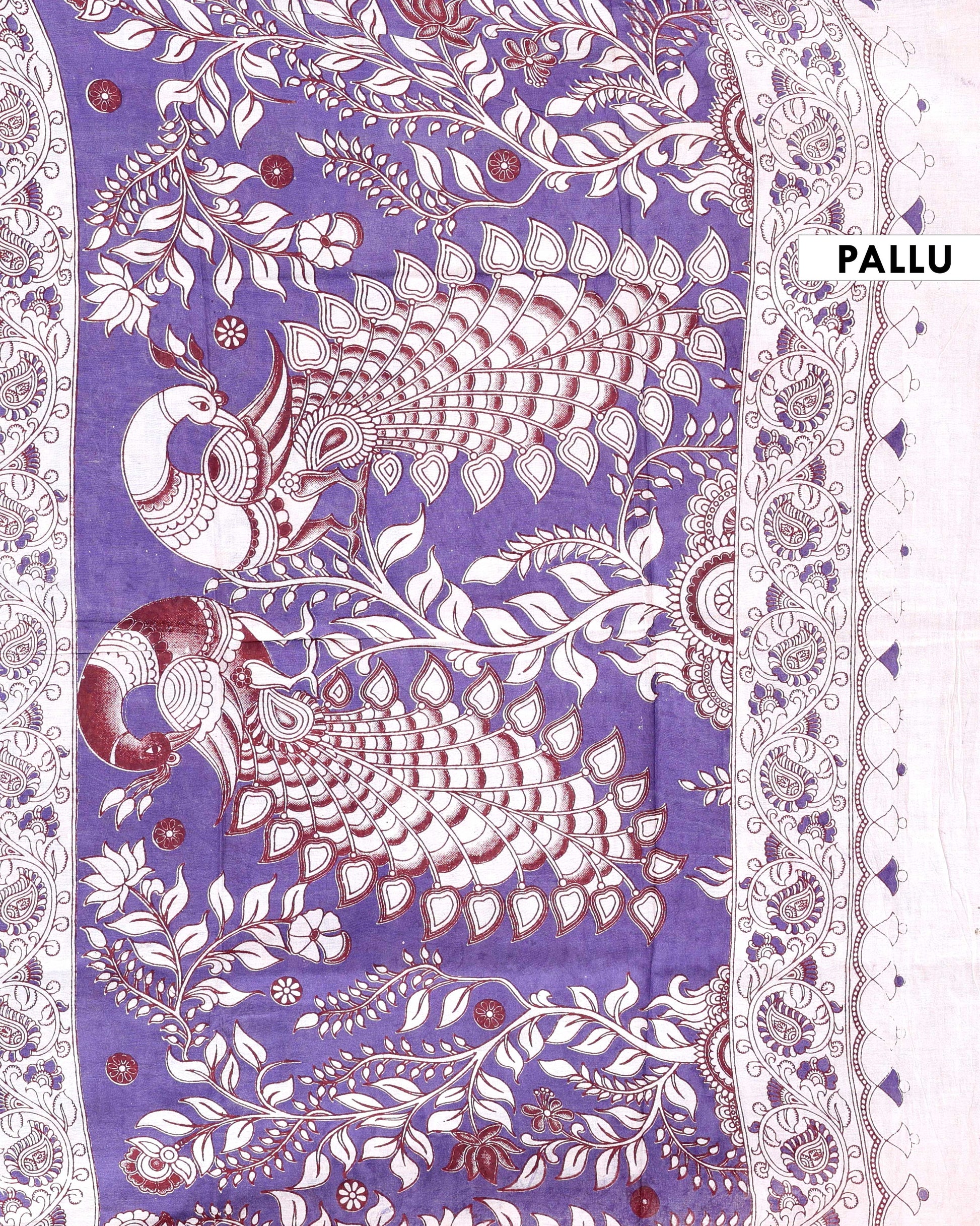 Traditional Hand-Painted Kalamkari Cotton Saree with Traditional Motifs - Pallu-1