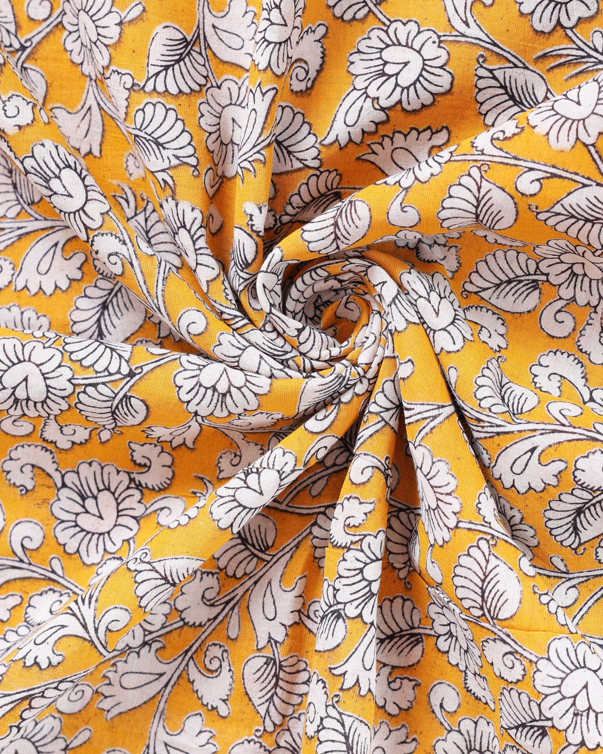 Traditional Hand-Painted Kalamkari Cotton Saree with Traditional Motifs and Floral Border - Close-1
