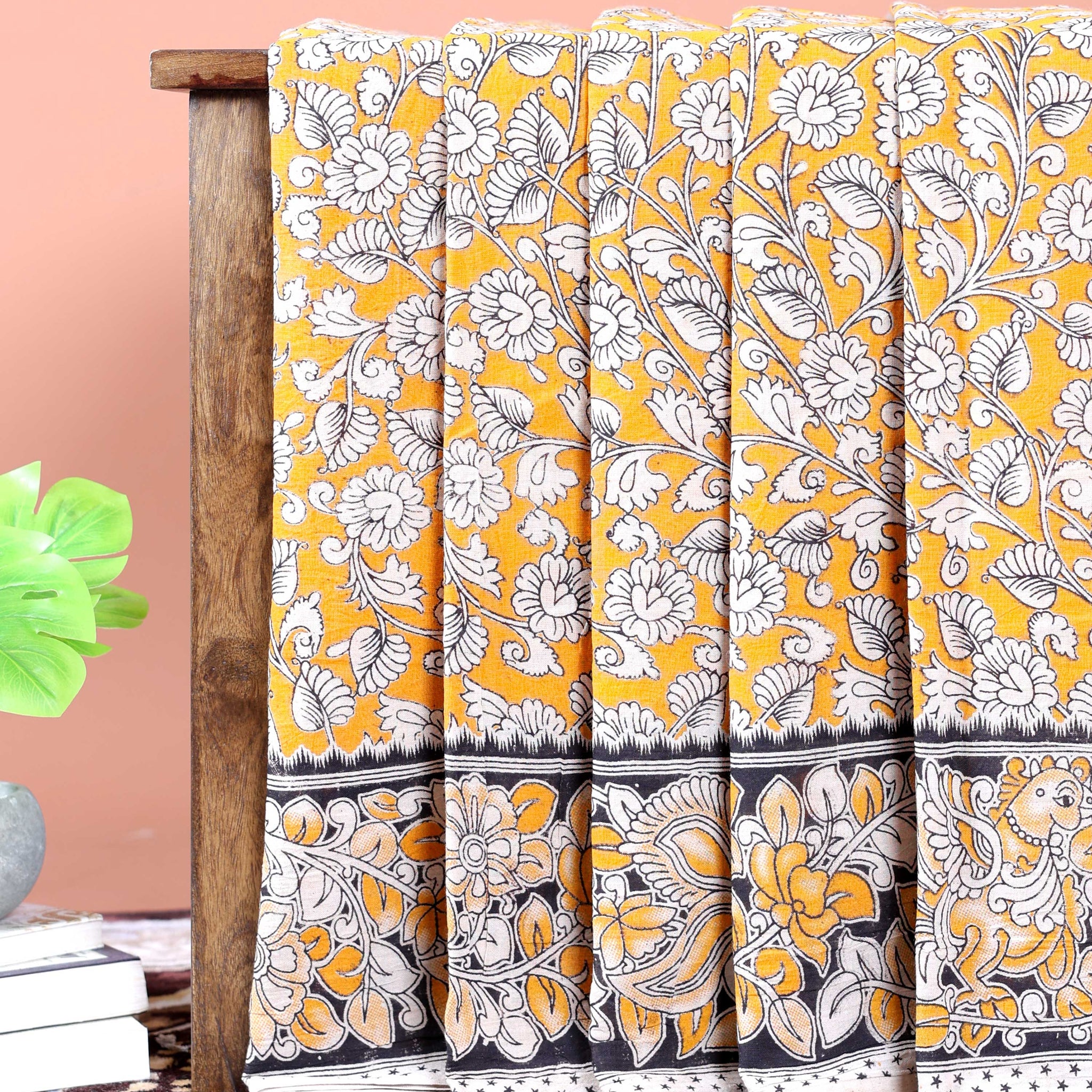 Traditional Hand-Painted Kalamkari Cotton Saree with Traditional Motifs and Floral Border - Orange
